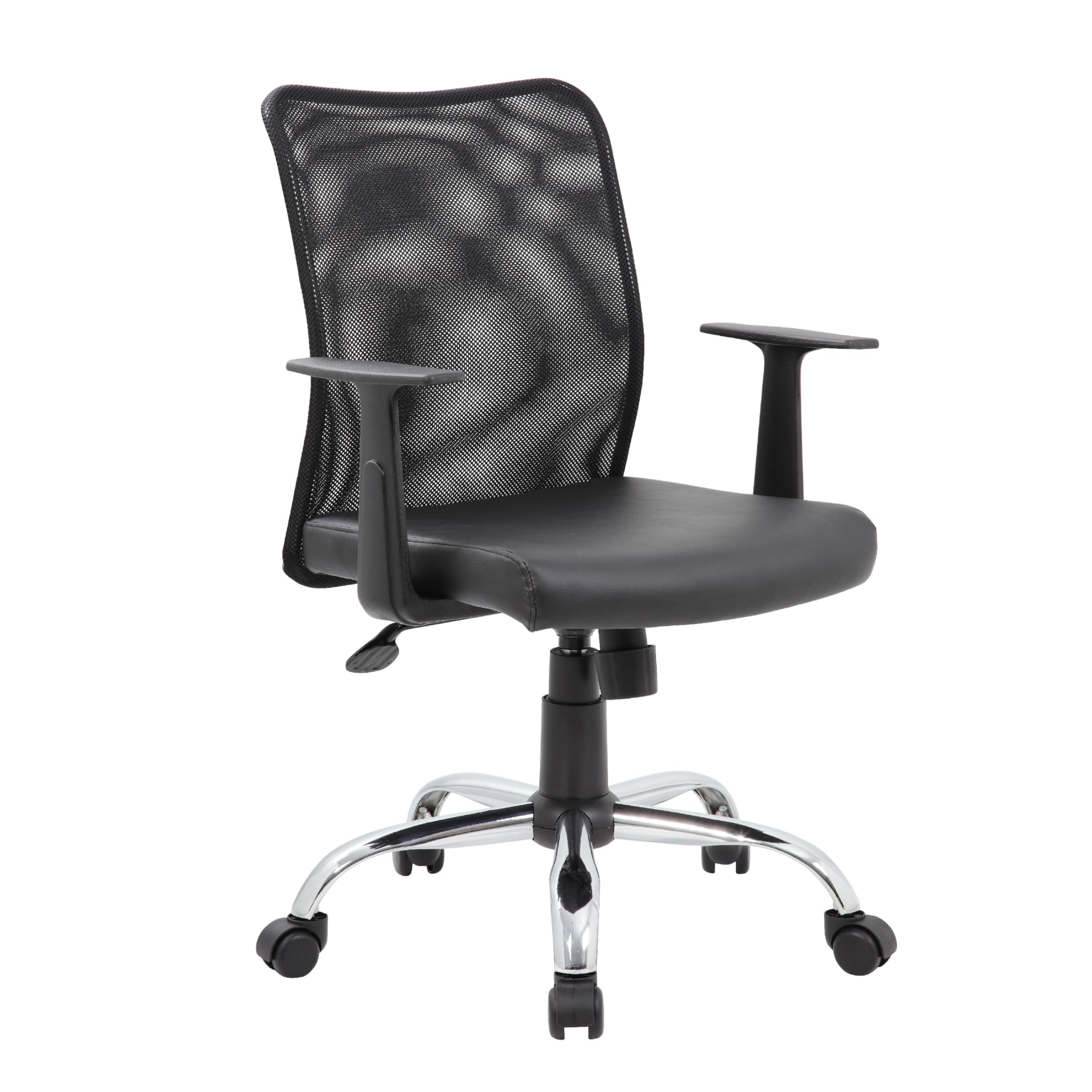 Lene Task Chair, T-Arms, Black Mesh and Caressoft Vinyl, Spring Tilt