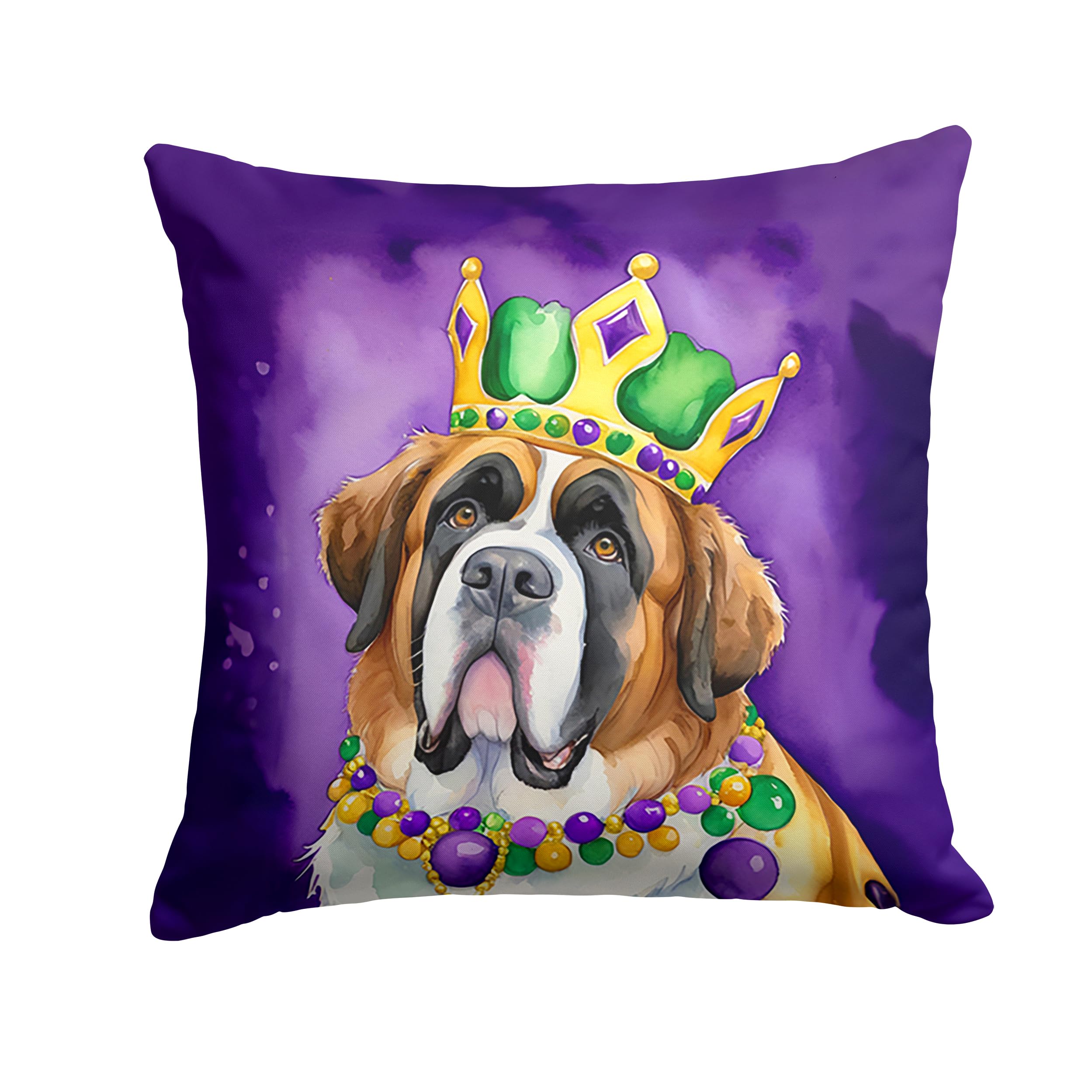 Carolines Treasures Saint Bernard King of Mardi Gras Throw Pillow Machine Washable, Indoor Outdoor Decorative Pillow for Couch, Bed or Patio, 14Hx14W