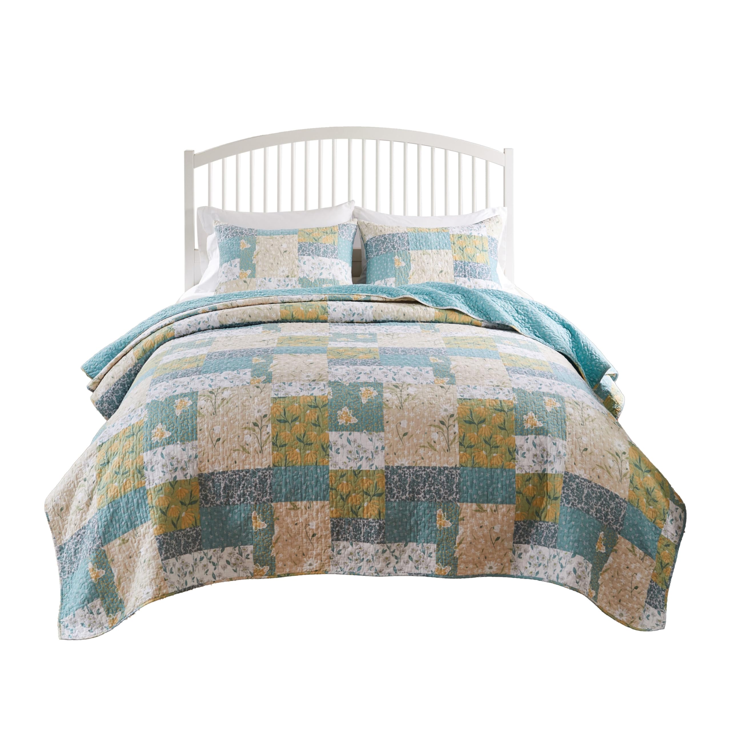 Evane 3pc Full/Queen Quilt Set, Floral Design, Mist Blue and White Cotton