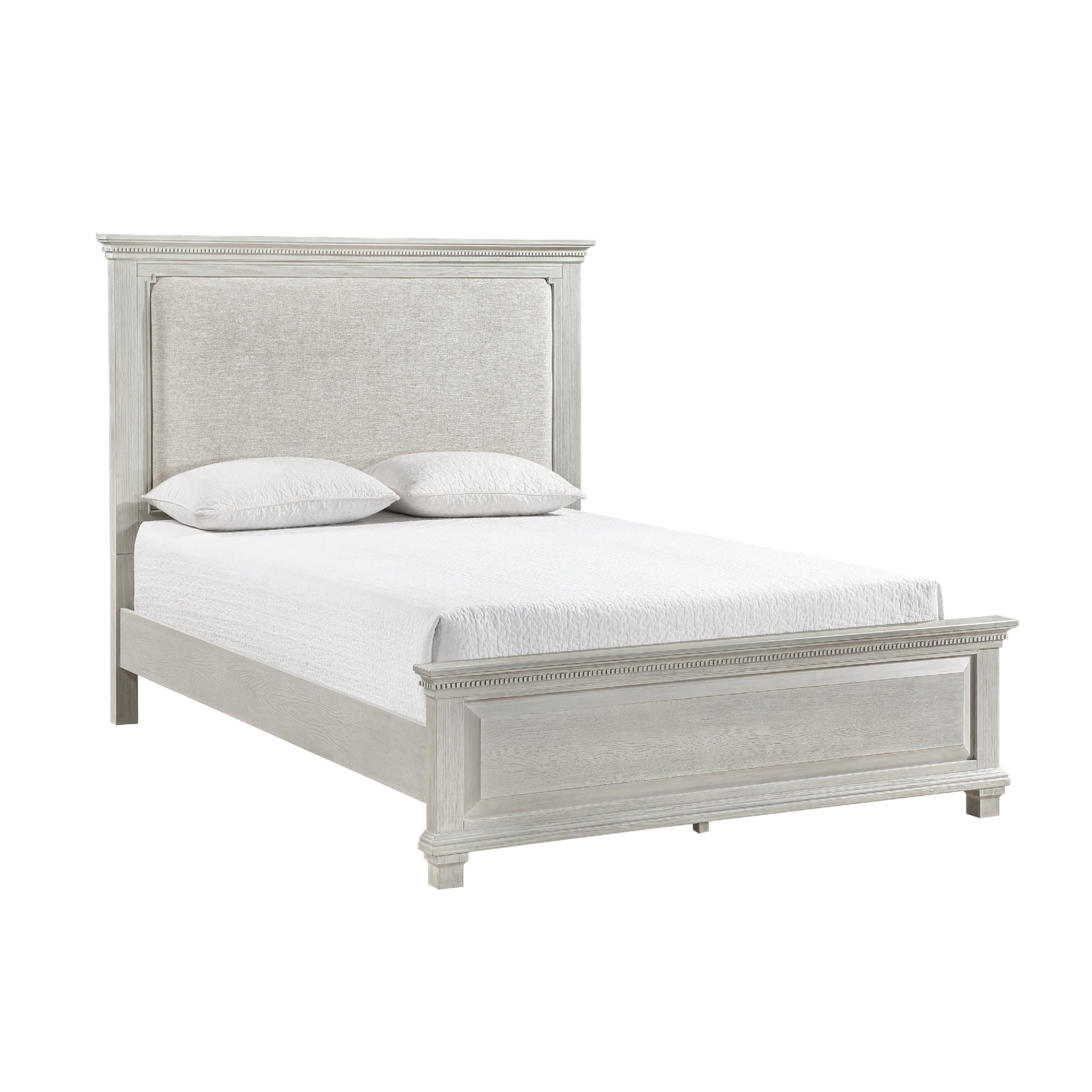 Avy Queen Size Bed with Padded Upholstered Headboard, Mist Gray Pine