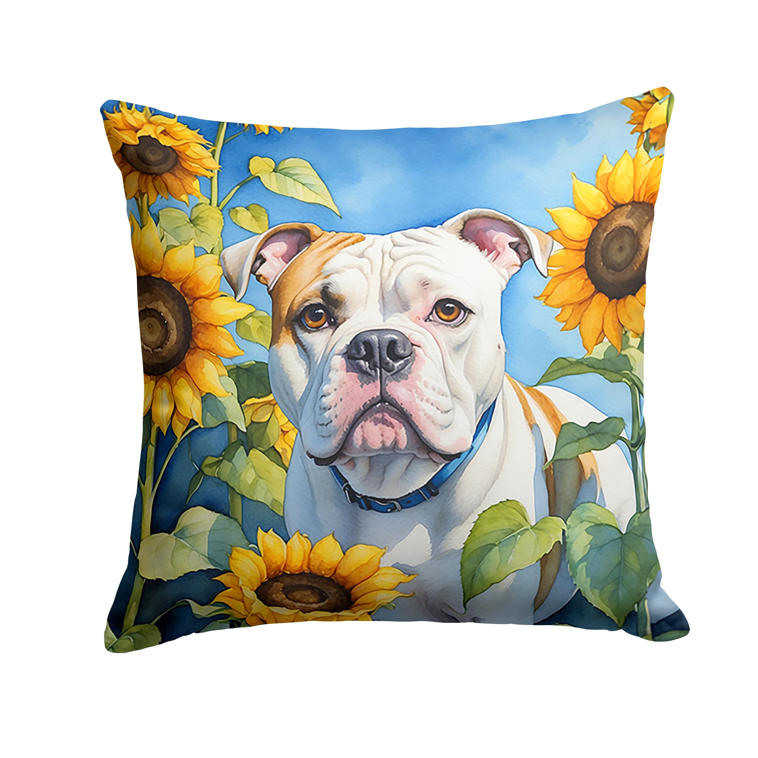 Carolines Treasures in Sunflowers Throw Pillow, 18Hx18W, American Bulldog 6006