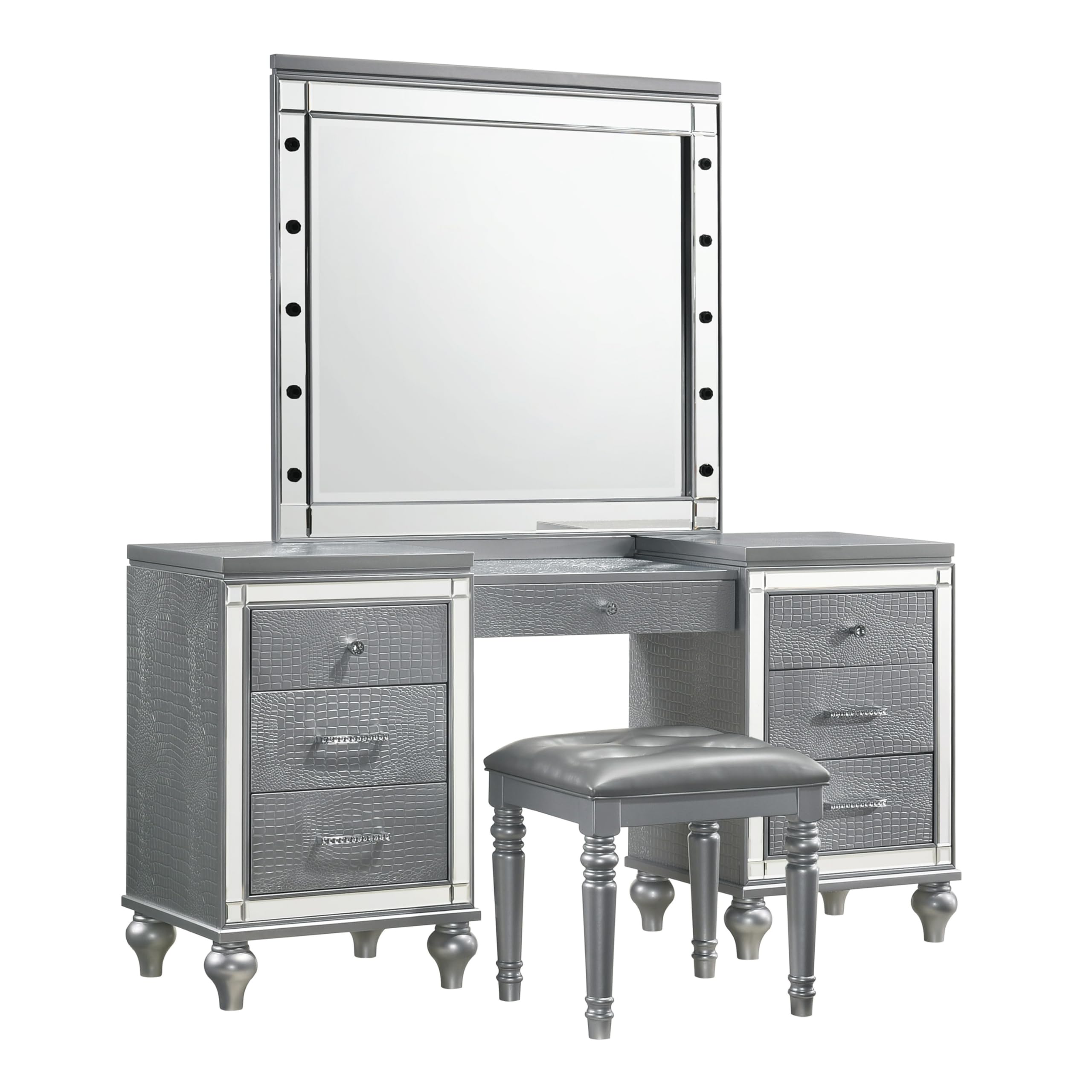 Lee 64 Inch Vanity Table, Embossed Inlay, 7 Mirror Accented Drawers, Gray