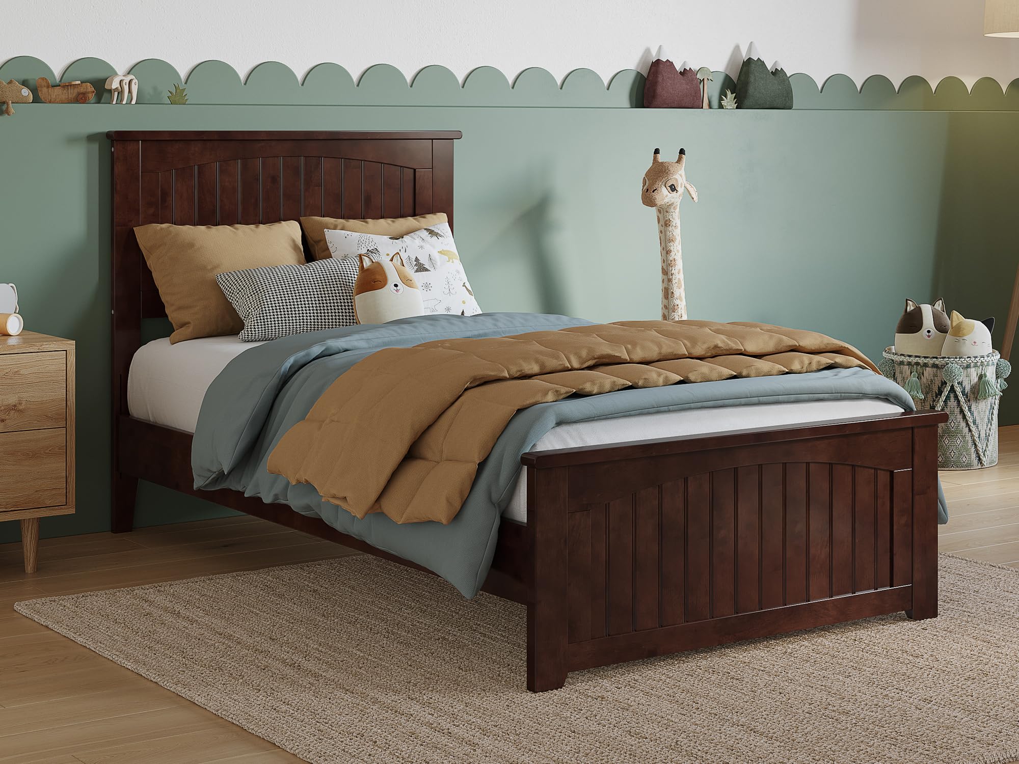 Naples Twin Solid Wood Low Profile Platform Bed with Matching Footboard in Walnut