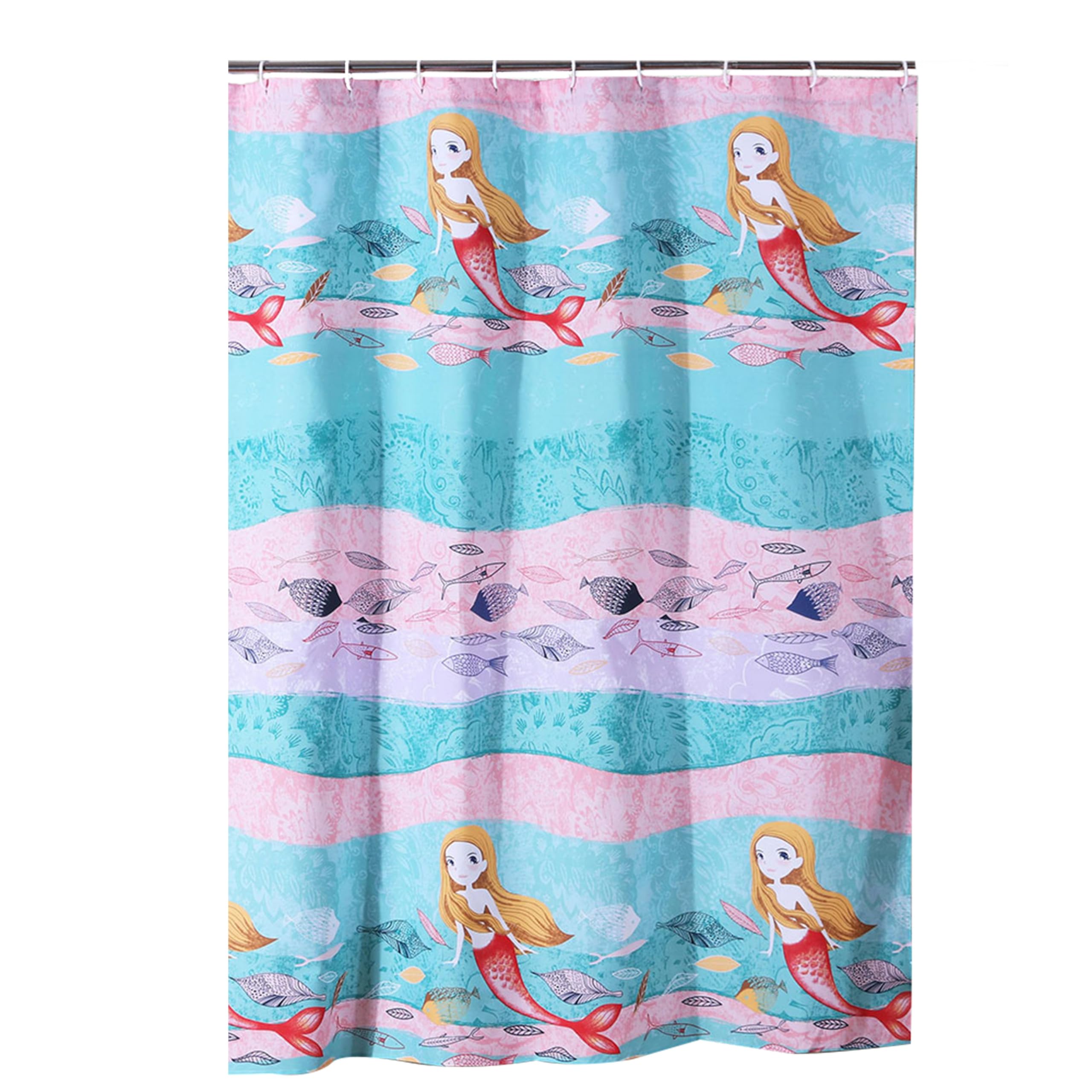 Wini 72 x 72 Inch Shower Curtain, Mermaid Print, Blue, Pink Polyester
