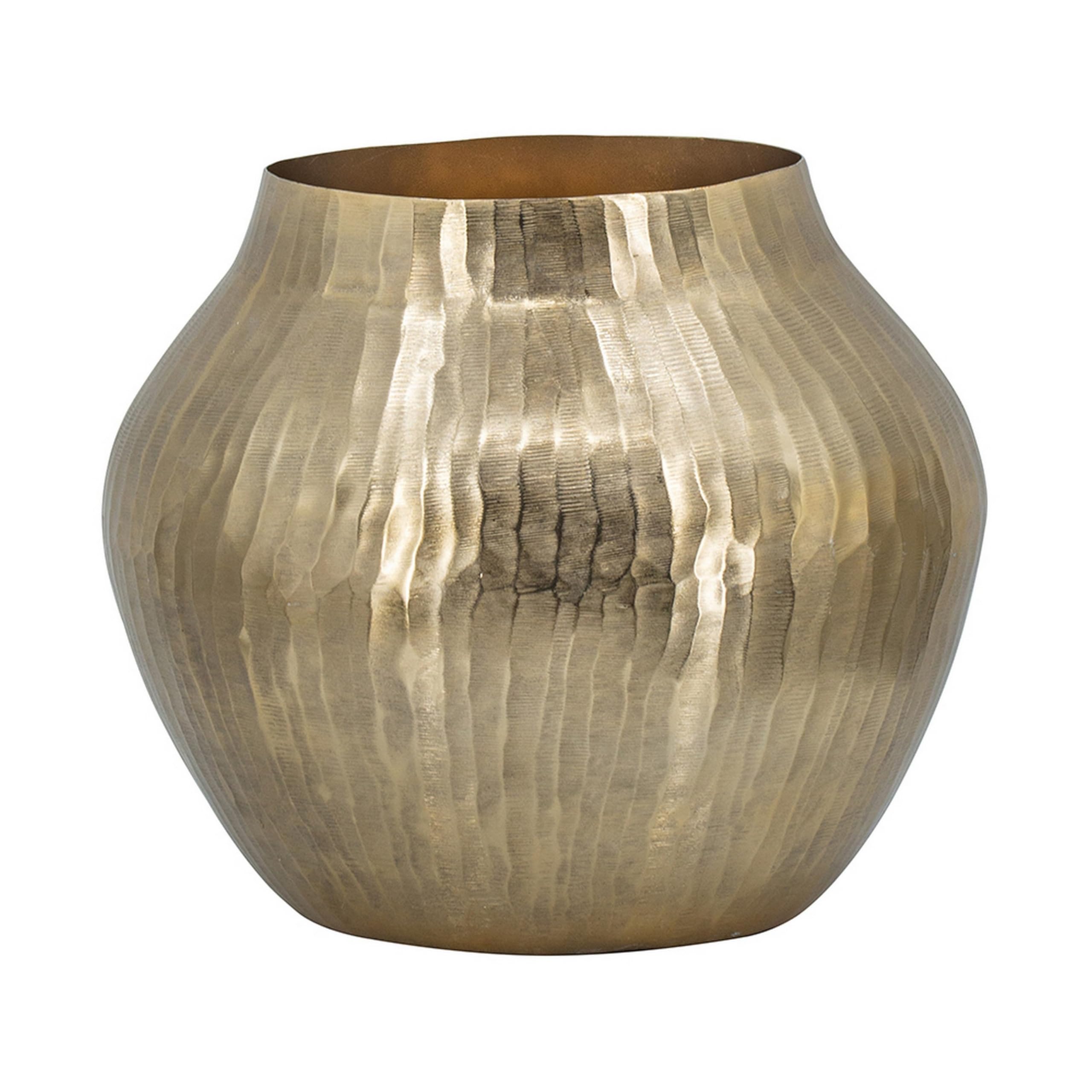 Kria 13 Inch Modern Vase, Curved Shape, Hammered Texture, Gold Metal Finish