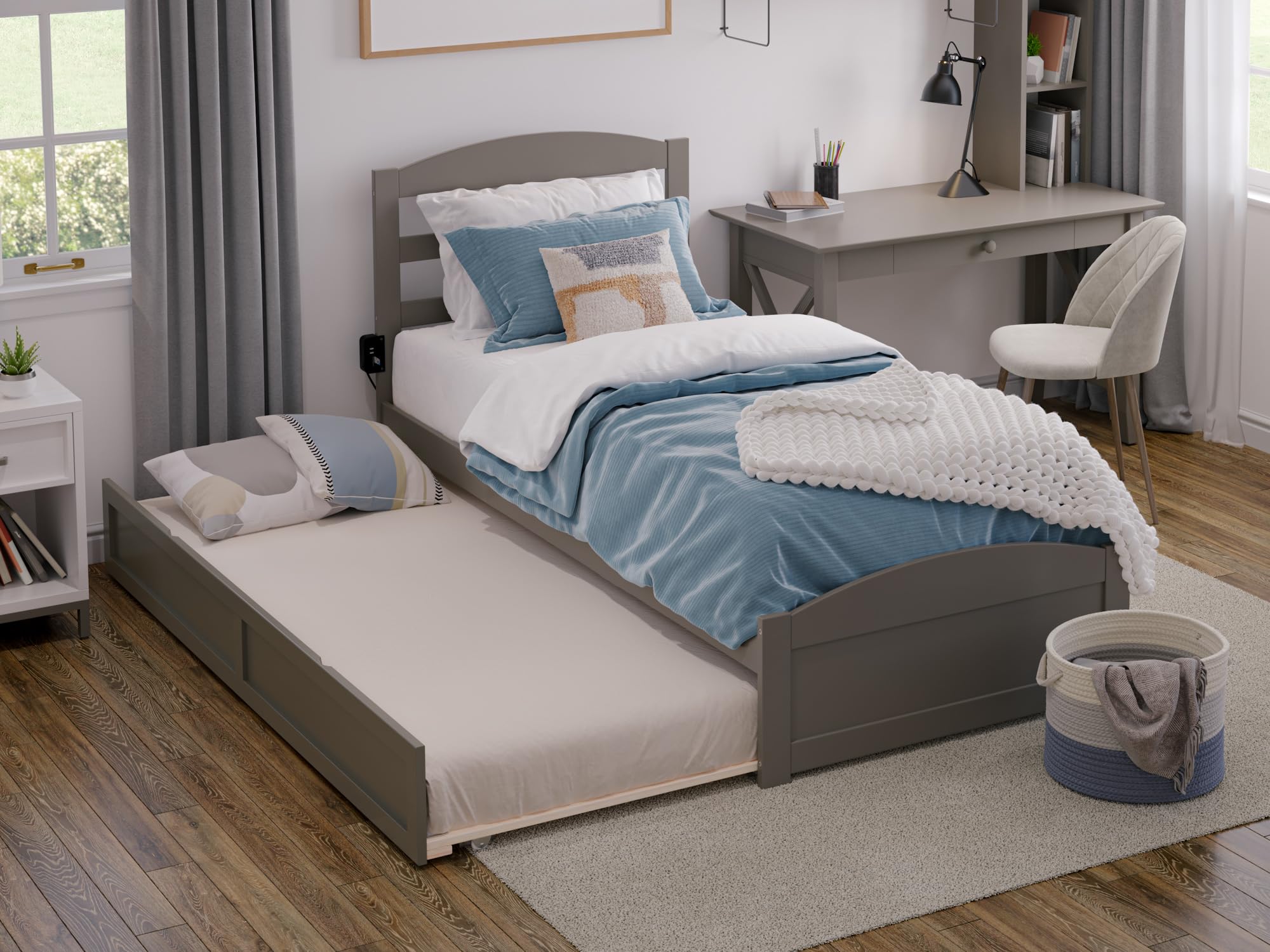 AFI Warren Twin Size Platform Bed with Footboard, Twin Trundle, & Charging Station in Grey