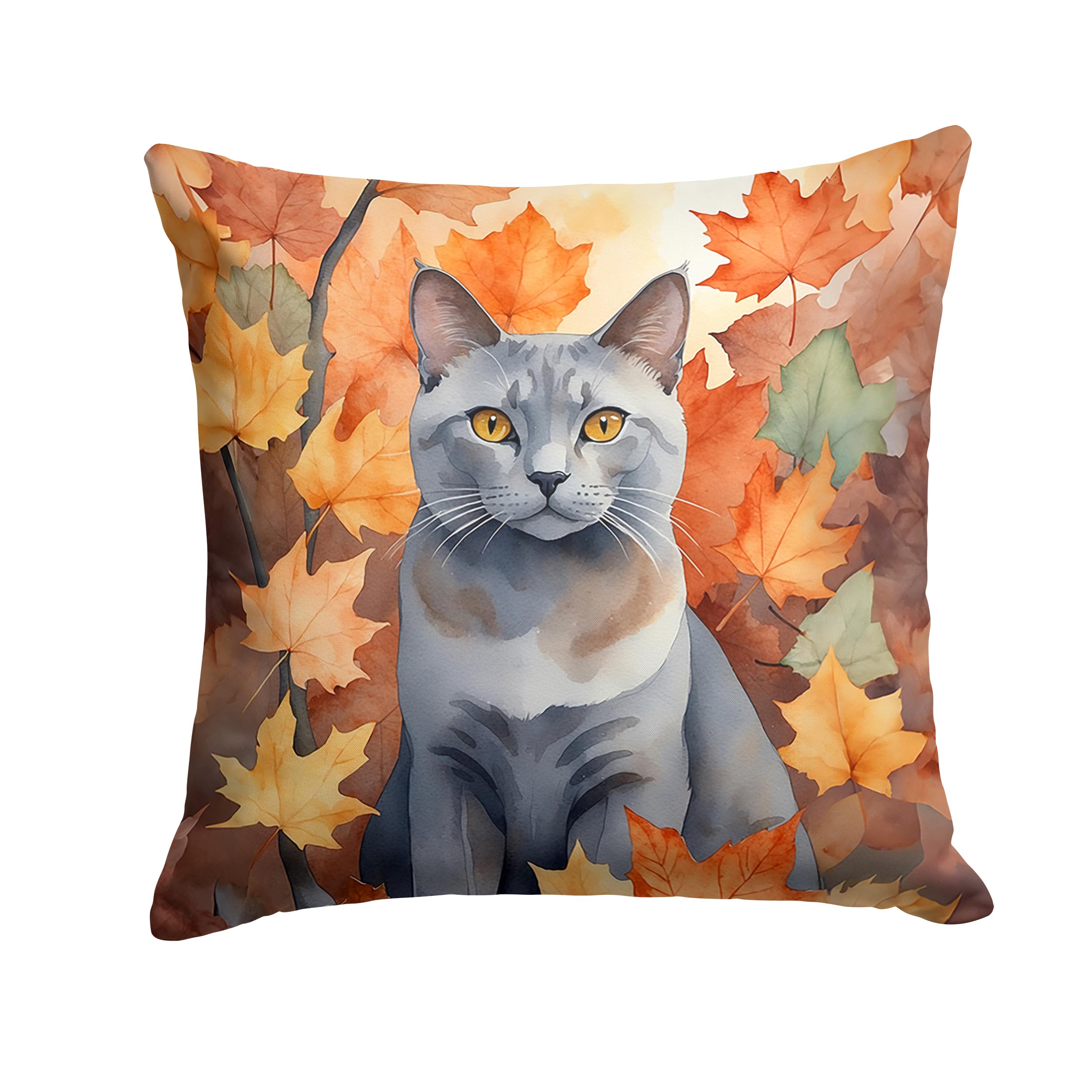 Carolines Treasures Korat Cat in Fall Leaves Throw Pillow Machine Washable, Indoor Outdoor Decorative Pillow for Couch, Bed or Patio, 14Hx14W