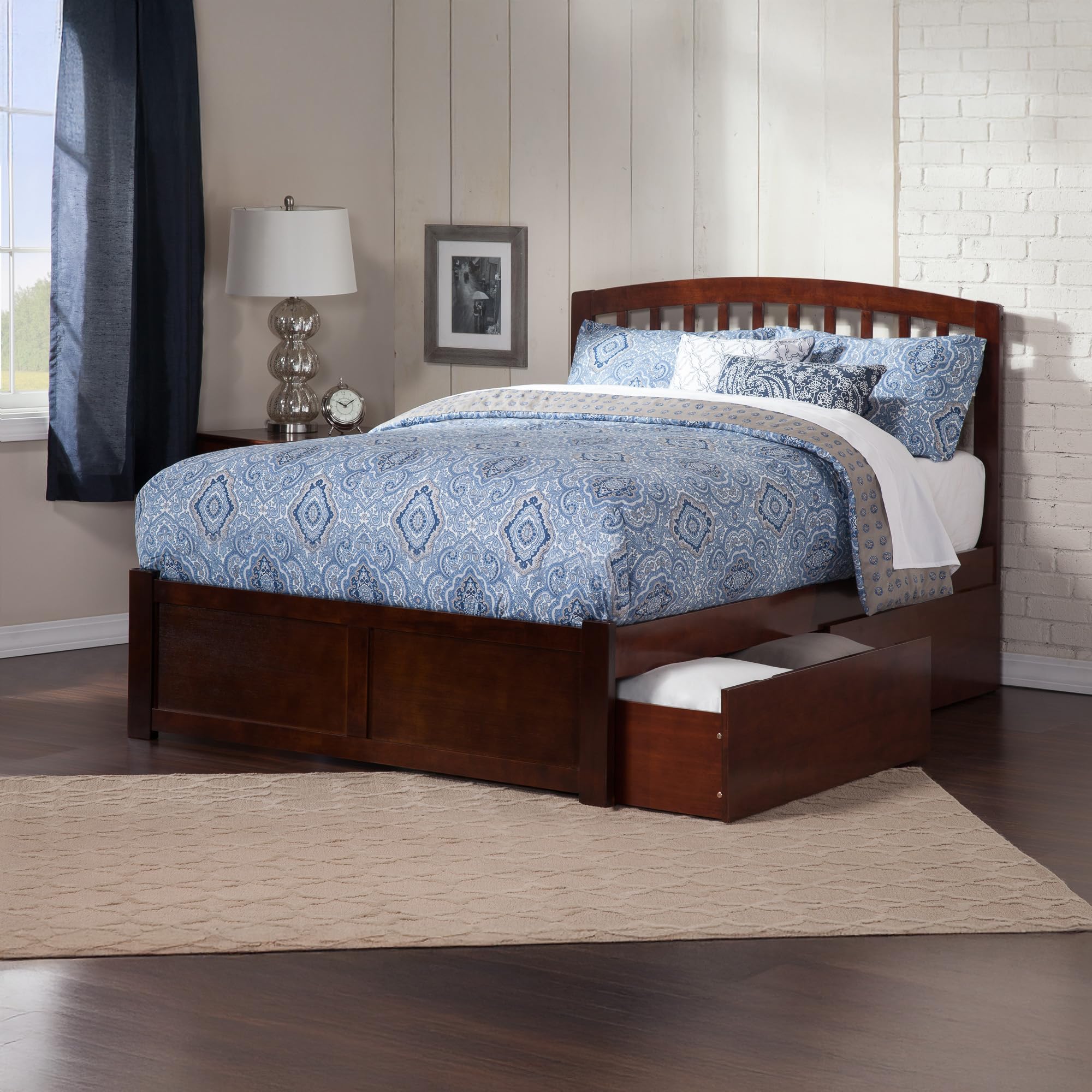 Richmond King Platform Bed with Flat Panel Foot Board and 2 Urban Bed Drawers in Walnut