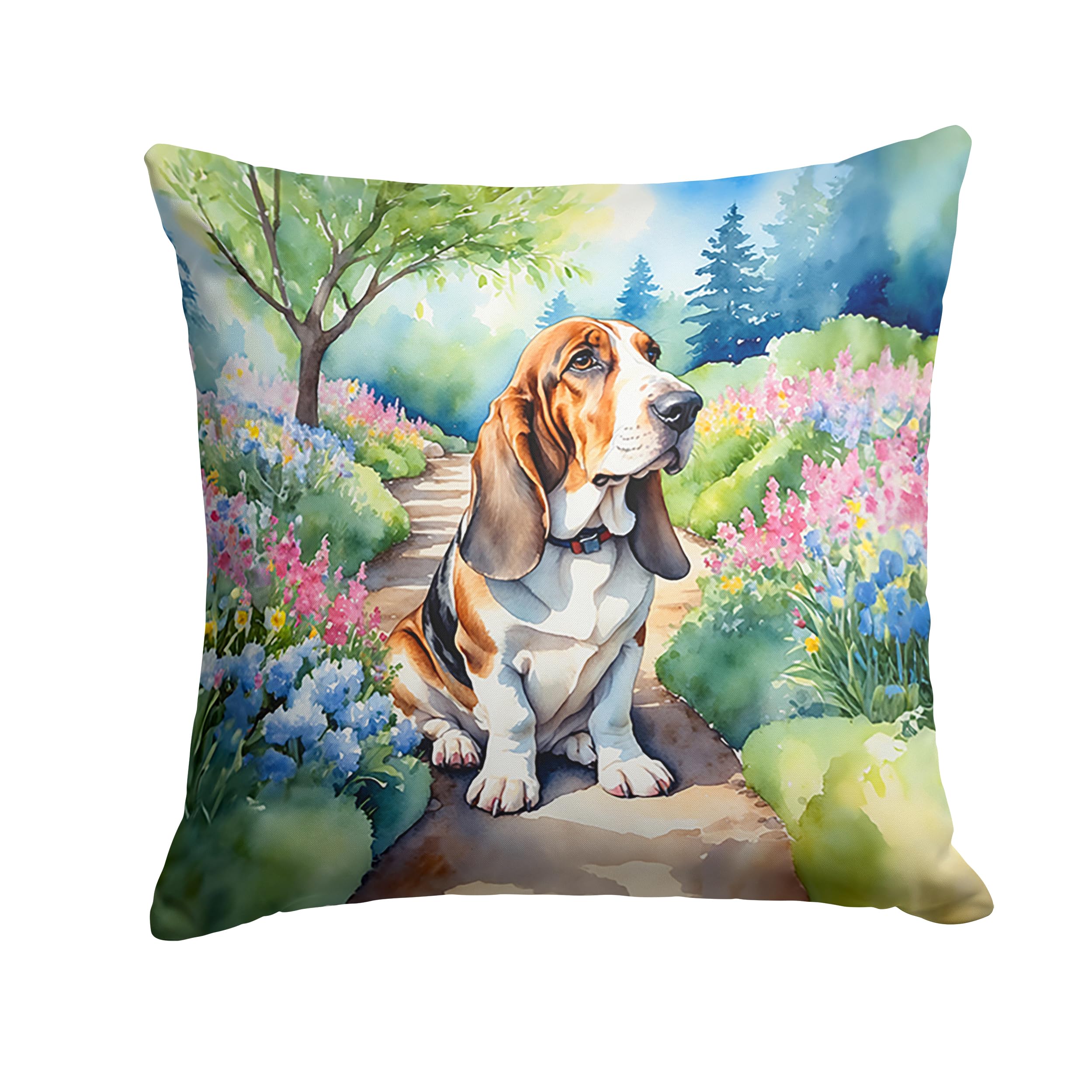 Basset Hound Spring Garden Throw Pillow