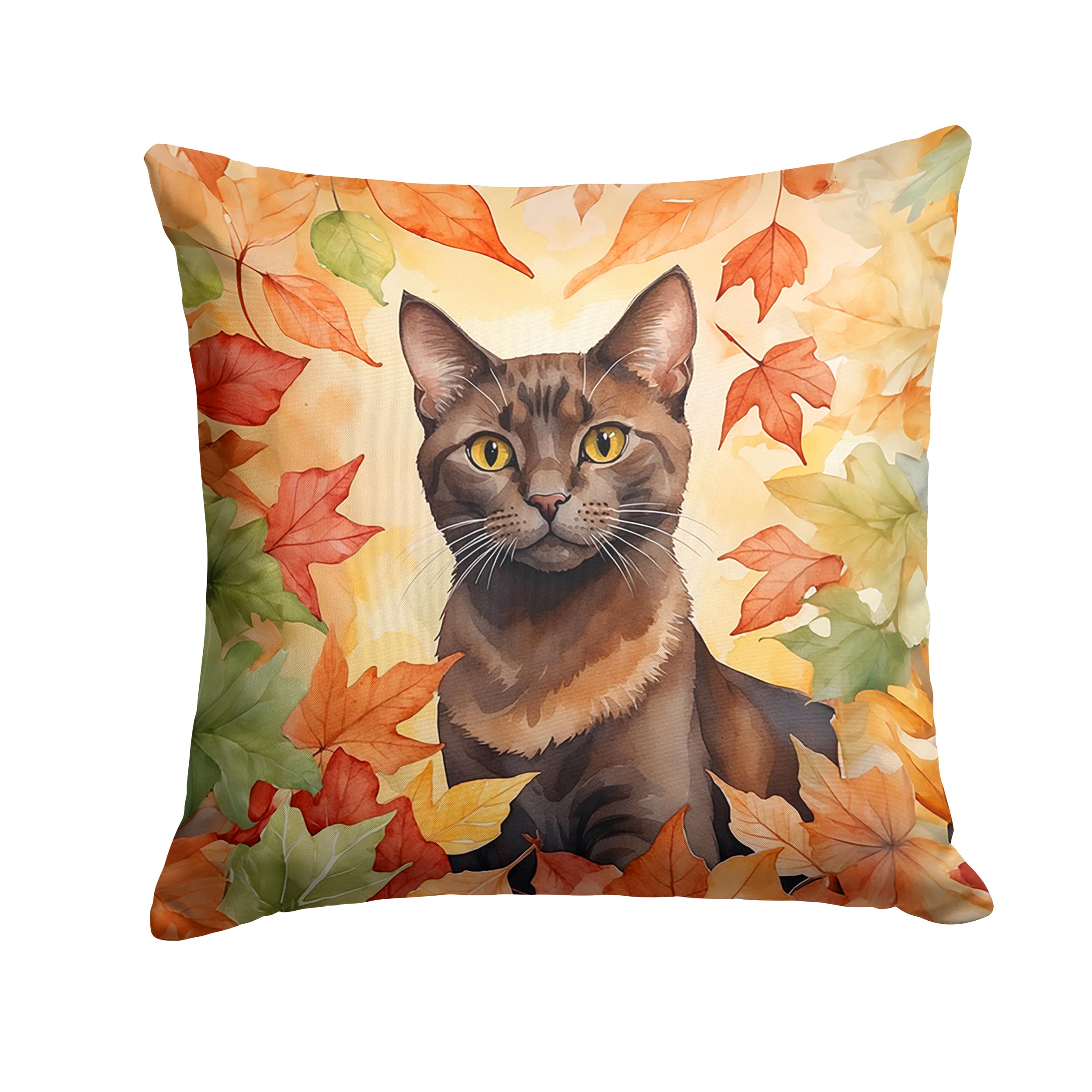 Carolines Treasures Havana Brown Cat in Fall Leaves Throw Pillow Machine Washable, Indoor Outdoor Decorative Pillow for Couch, Bed or Patio, 14Hx14W