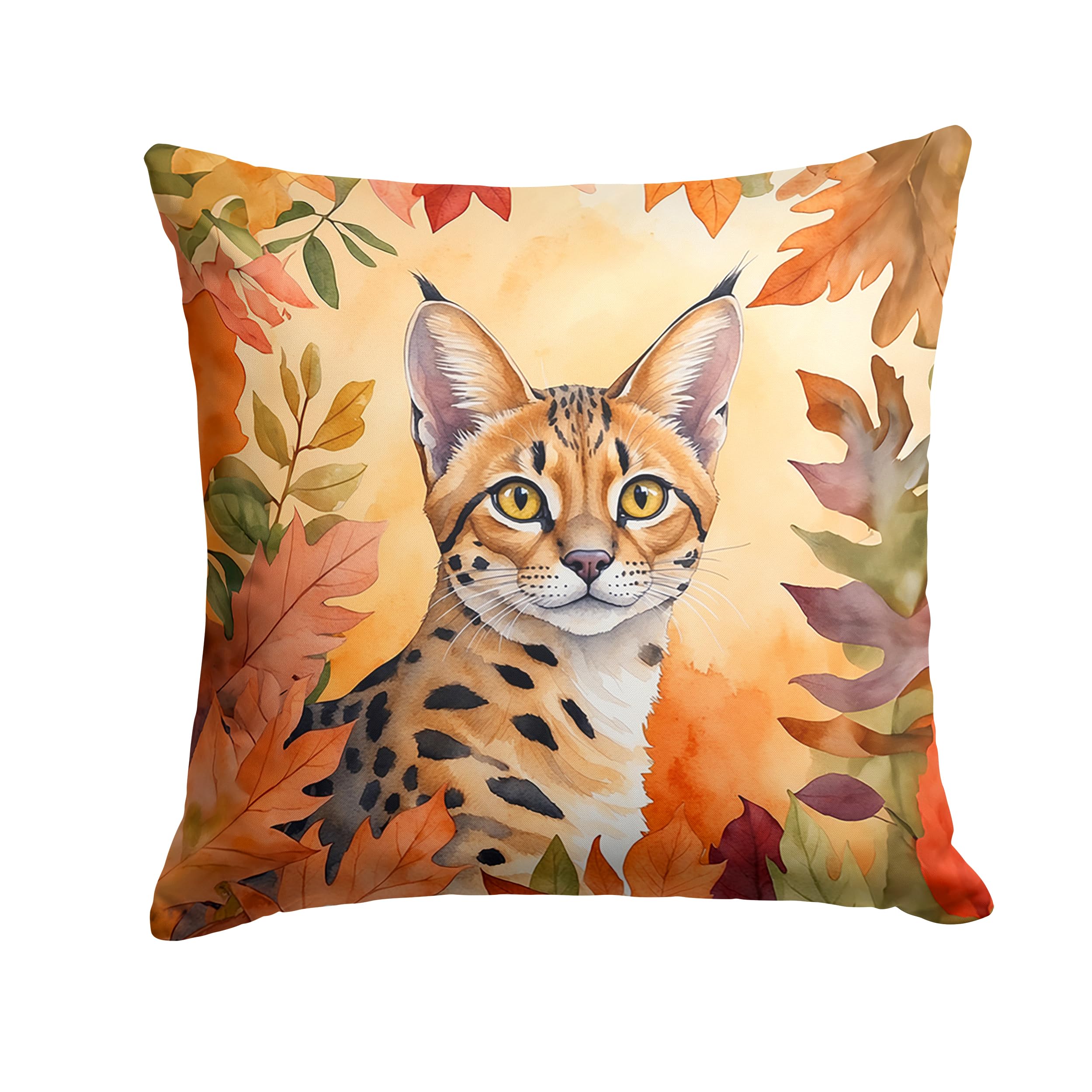 Carolines Treasures Serengeti Cat in Fall Leaves Throw Pillow Machine Washable, Indoor Outdoor Decorative Pillow for Couch, Bed or Patio, 14Hx14W