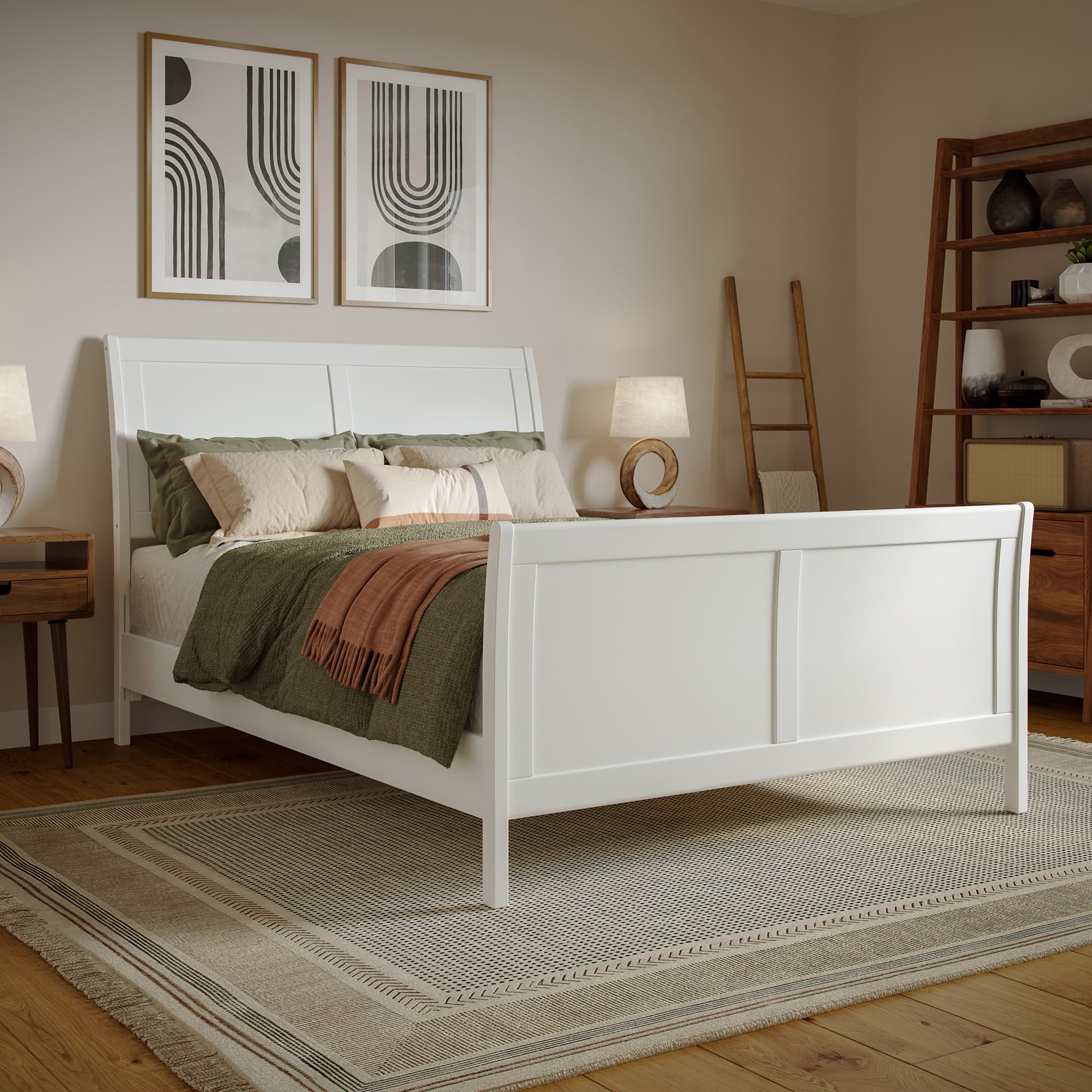Valencia Full Solid Wood Low Profile Sleigh Platform Bed with Matching Footboard in White