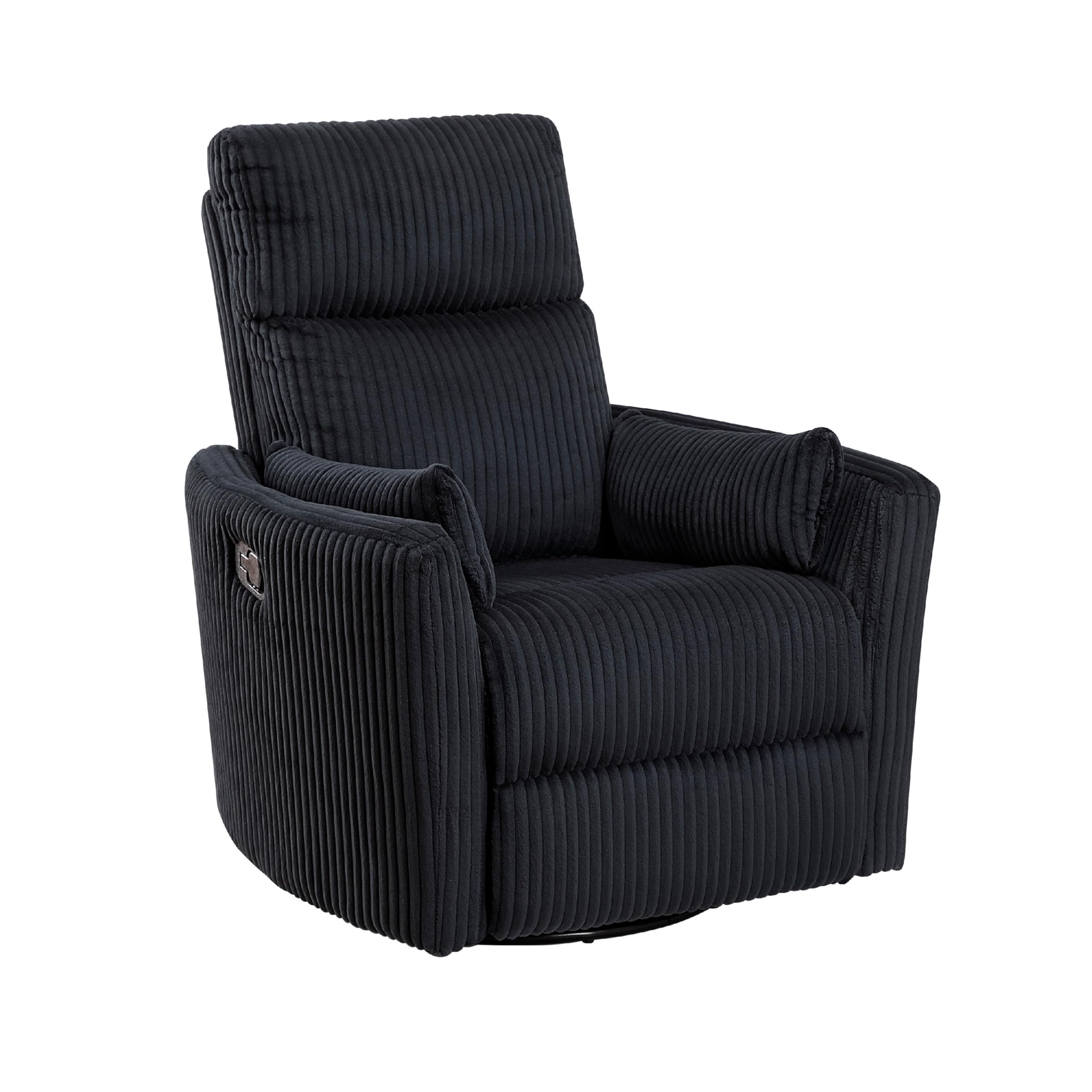 Rix Swivel Glider Recliner Chair w 2 Lumbar Pillows, Black Corduroy