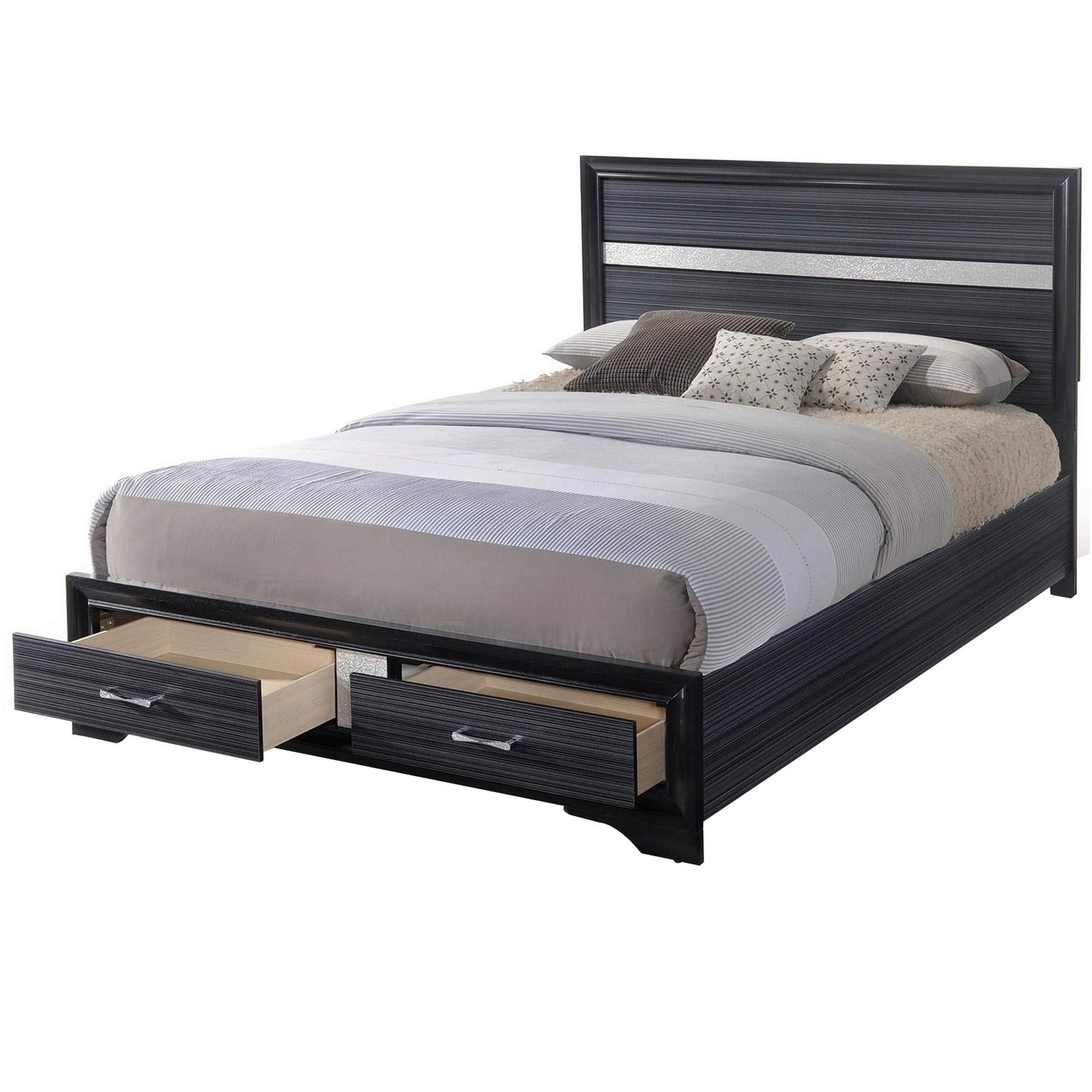 Contemporary Acrylic Trim Accent Eastern King Bed with 2 Drawers, Black