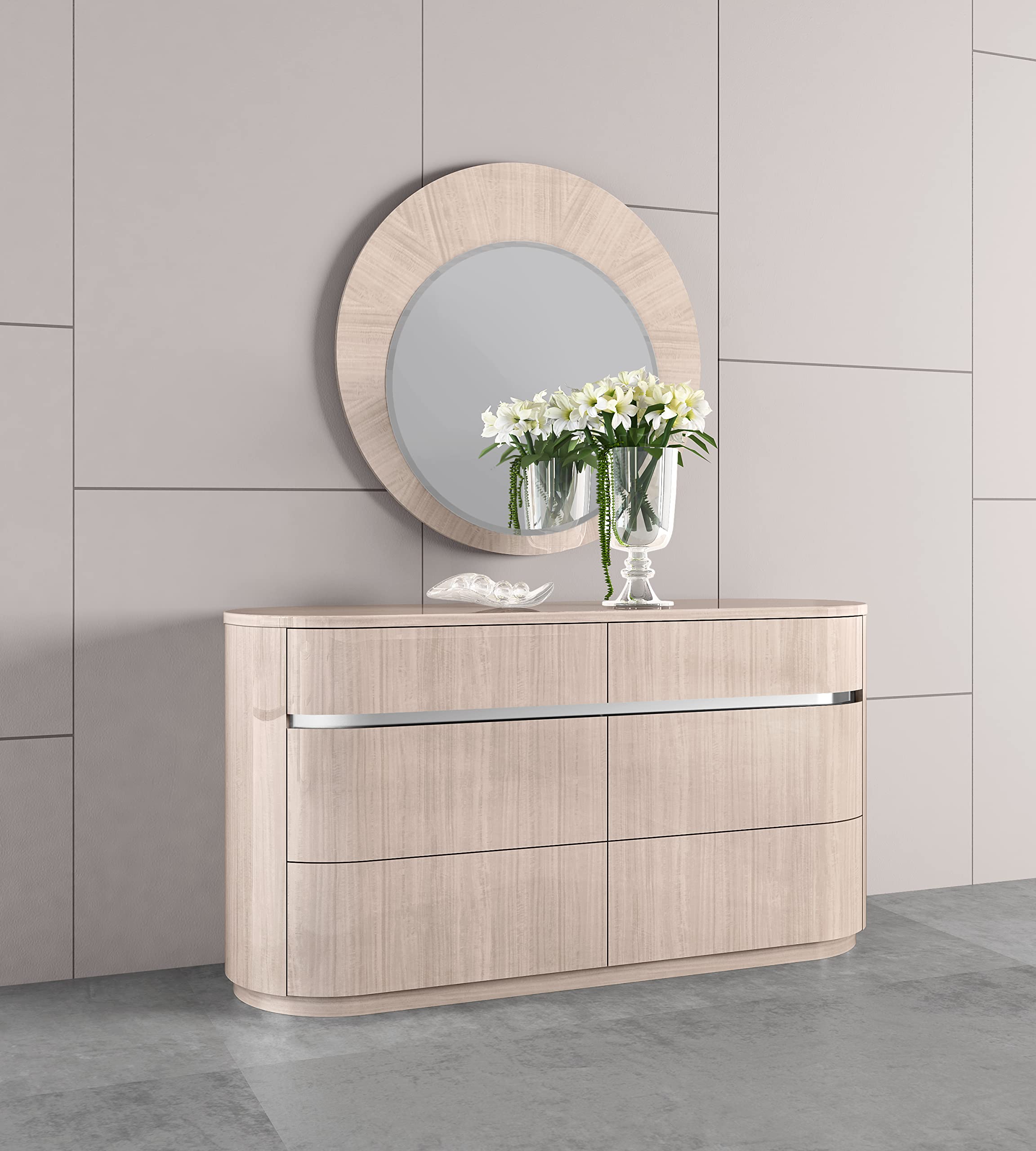 Waves Dresser, High Gloss Beige Angley with 6 Self-Closing Drawers