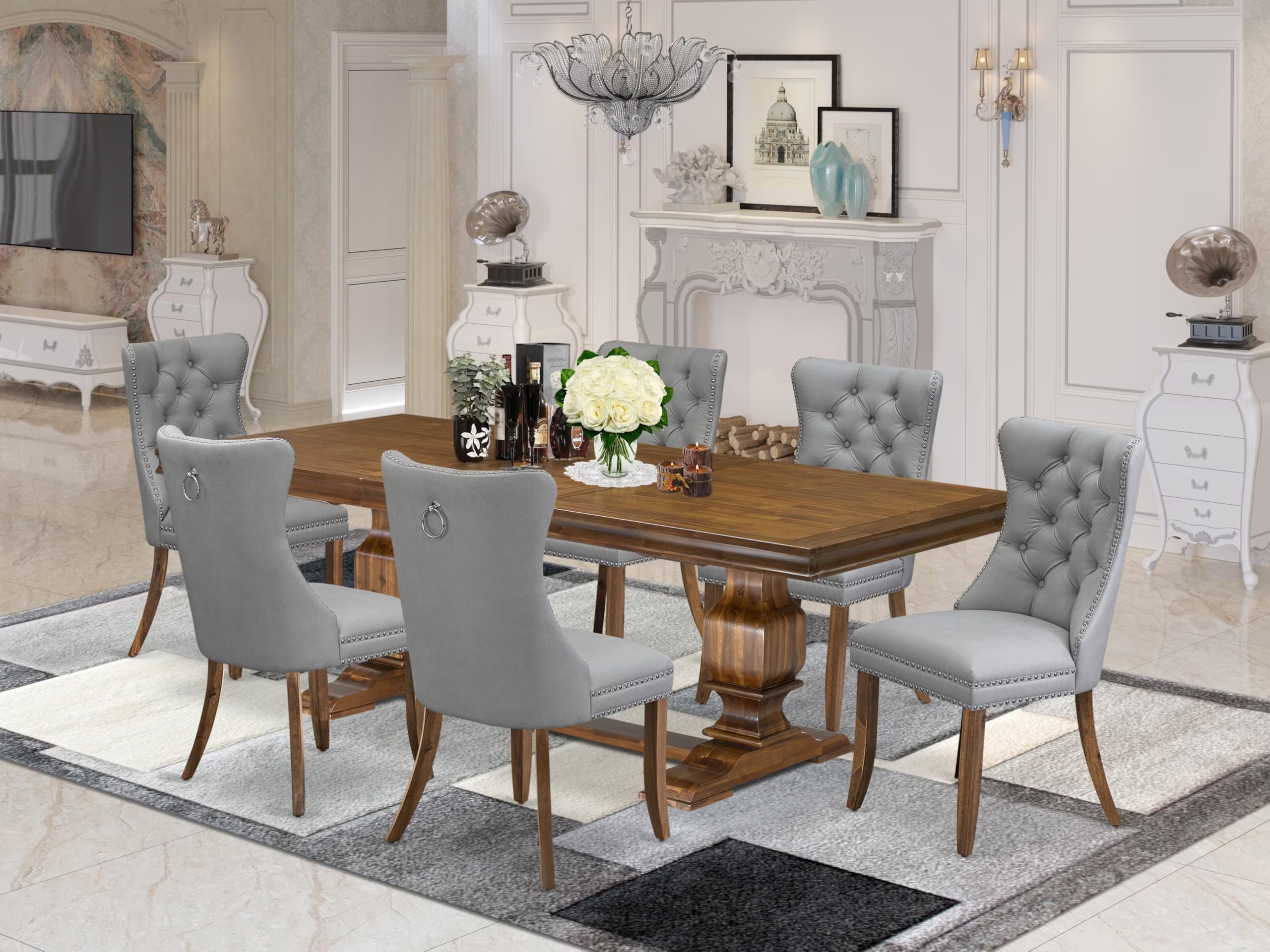 7 Pieces Dining Set Contains a Rectangle Kitchen Table and 6 Modern Chairs