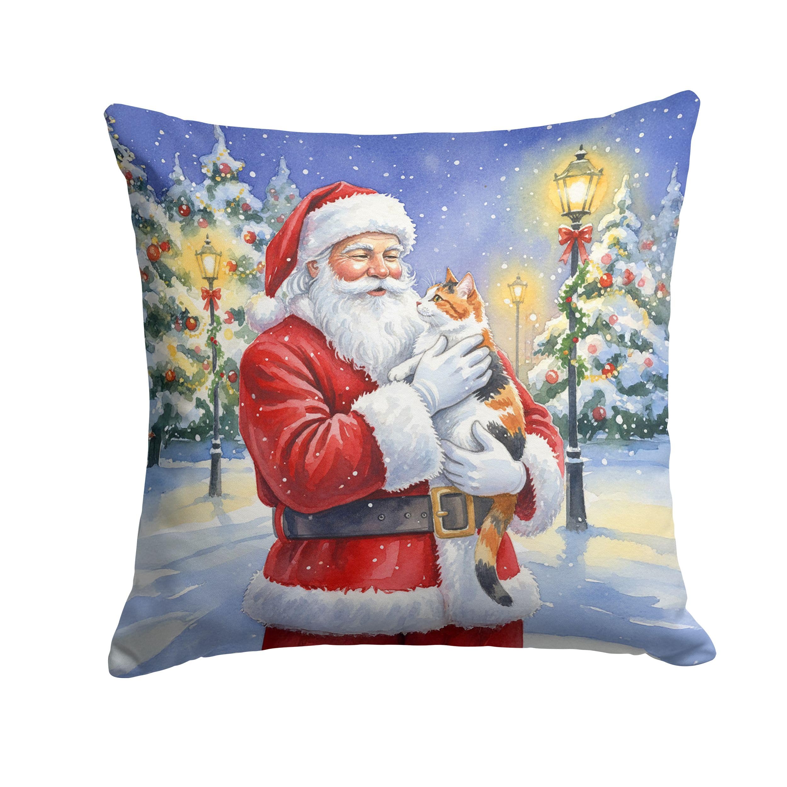 Carolines Treasures Calico Cat with Santa Claus Throw Pillow Decorative Indoor Outdoor Accent Cushion for Couch, Bed or Patio, 14Hx14W