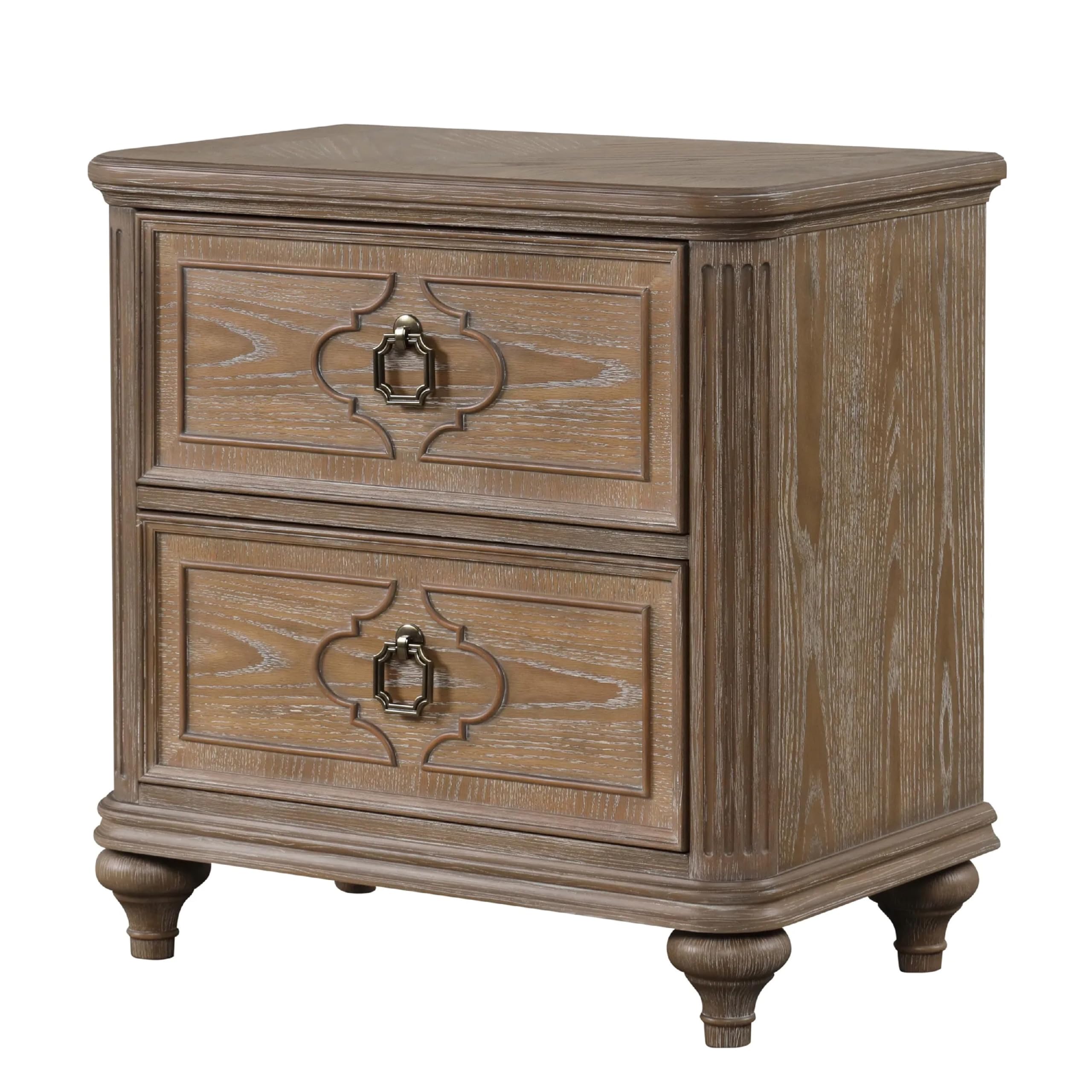 Lyla Nightstand w USB, 2 Drawers, Rustic Oak Solid Wood Frame, 30 Inch