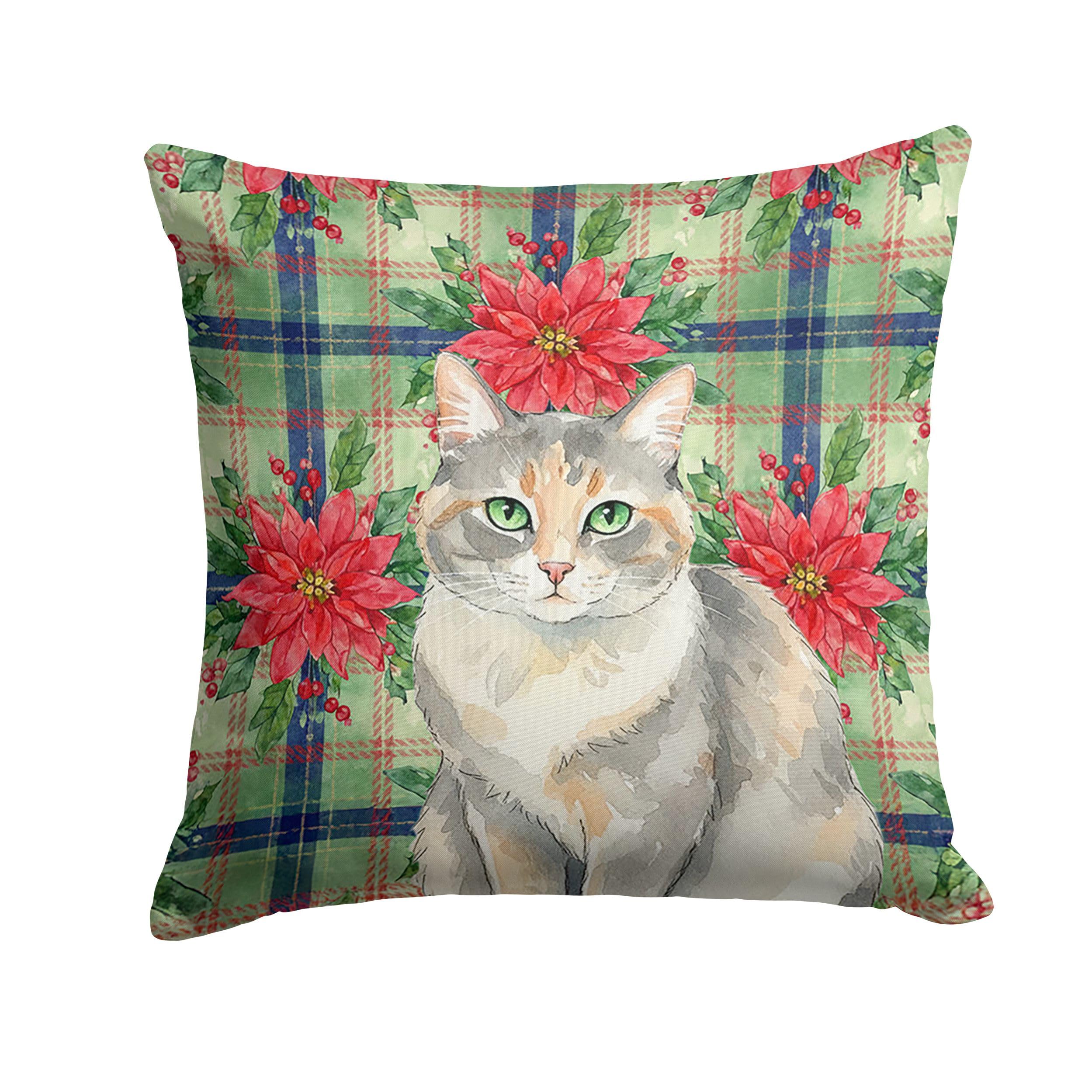 Carolines Treasures Dilute Tortoiseshell Cat with Poinsettias Throw Pillow Decorative Indoor Outdoor Accent Cushion for Couch, Bed or Patio, 18Hx18W
