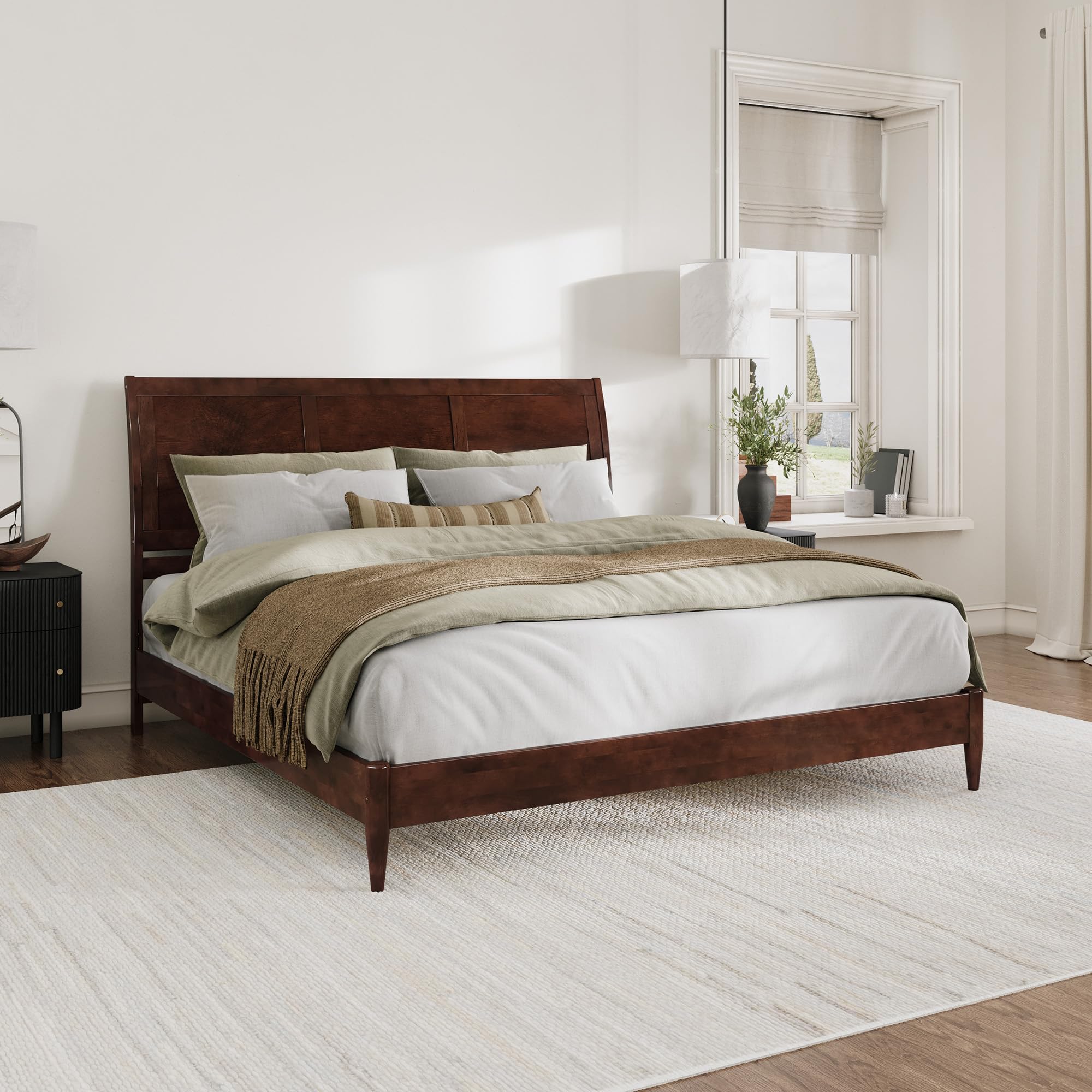 Valencia King Solid Wood Low Profile Sleigh Platform Bed in Walnut