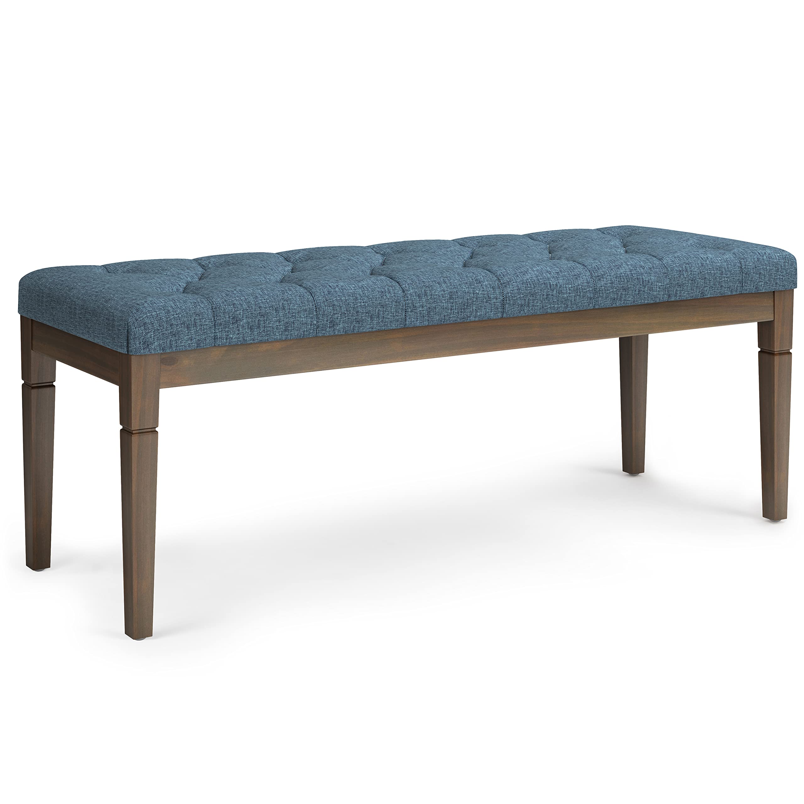 Simplihome Waverly 48 Inch Wide Rectangle Ottoman Bench Denim Blue Tufted Footrest Stool, Linen Look Polyester Fabric For Living
