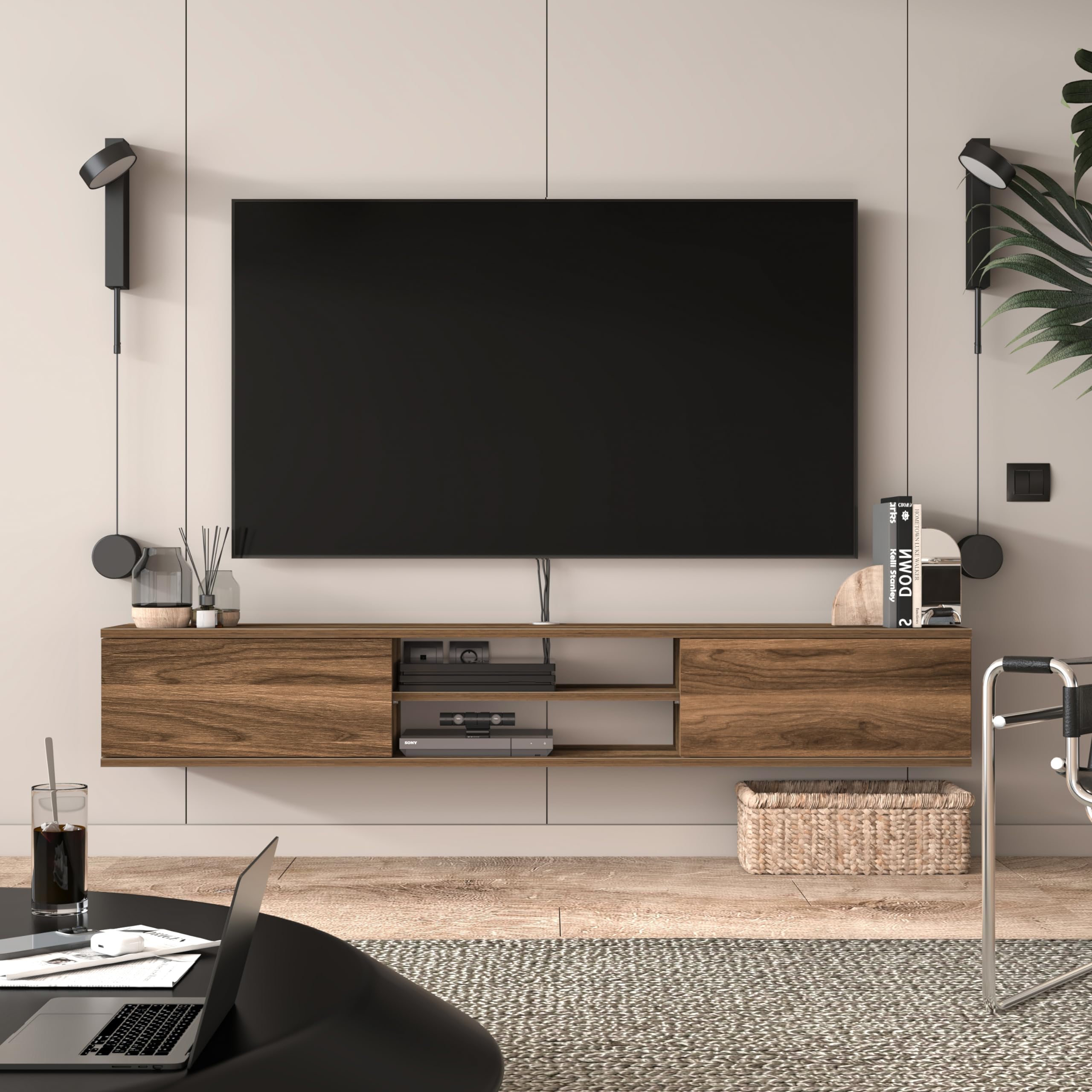 Atelier Mobili Floating TV Stand - Modern Walnut Entertainment Center for 65-70 Inch TVs, Wall Mounted & Media Console