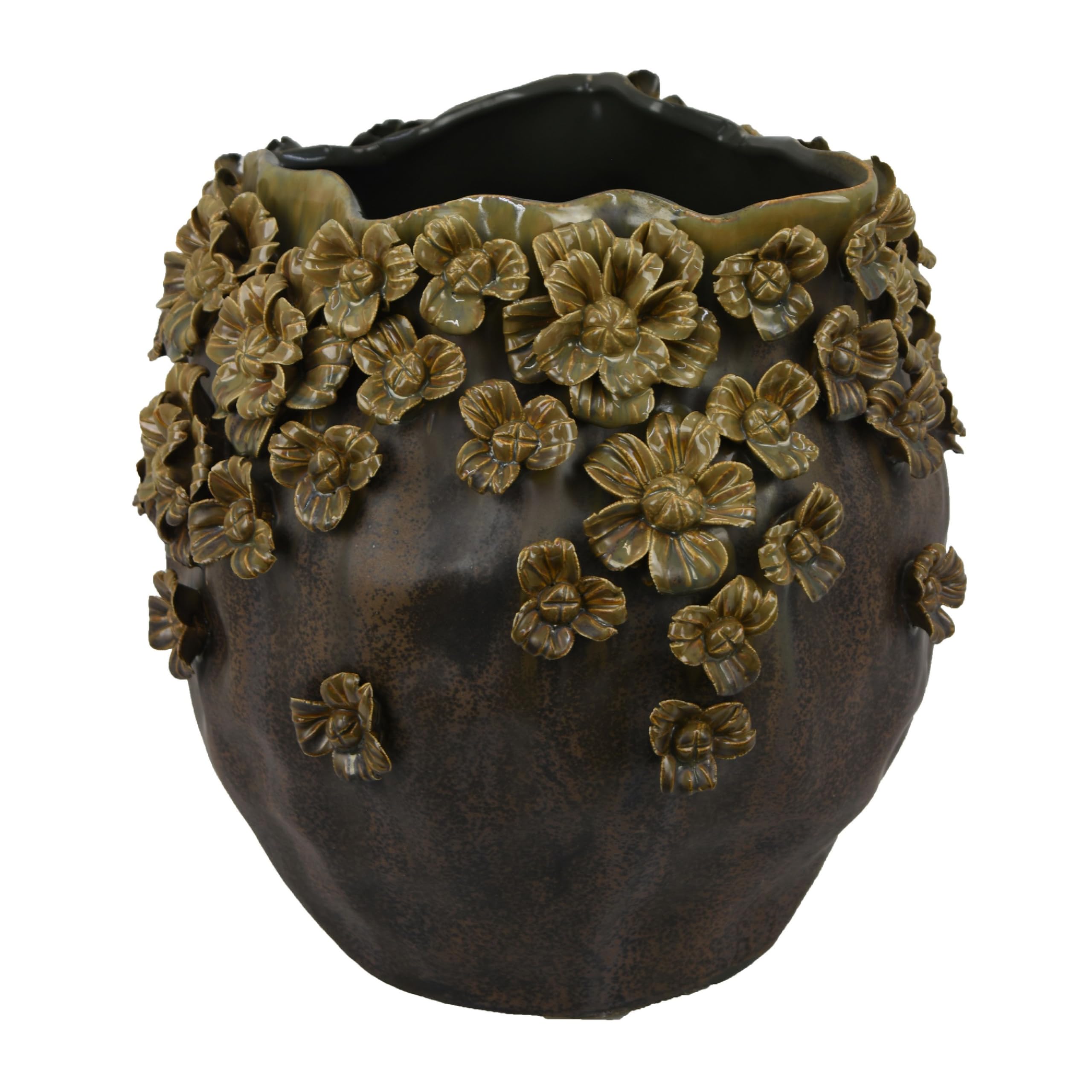 Siya Decorative Vase, Brown Ceramic, Rustic Round Floral Design, 13 Inch