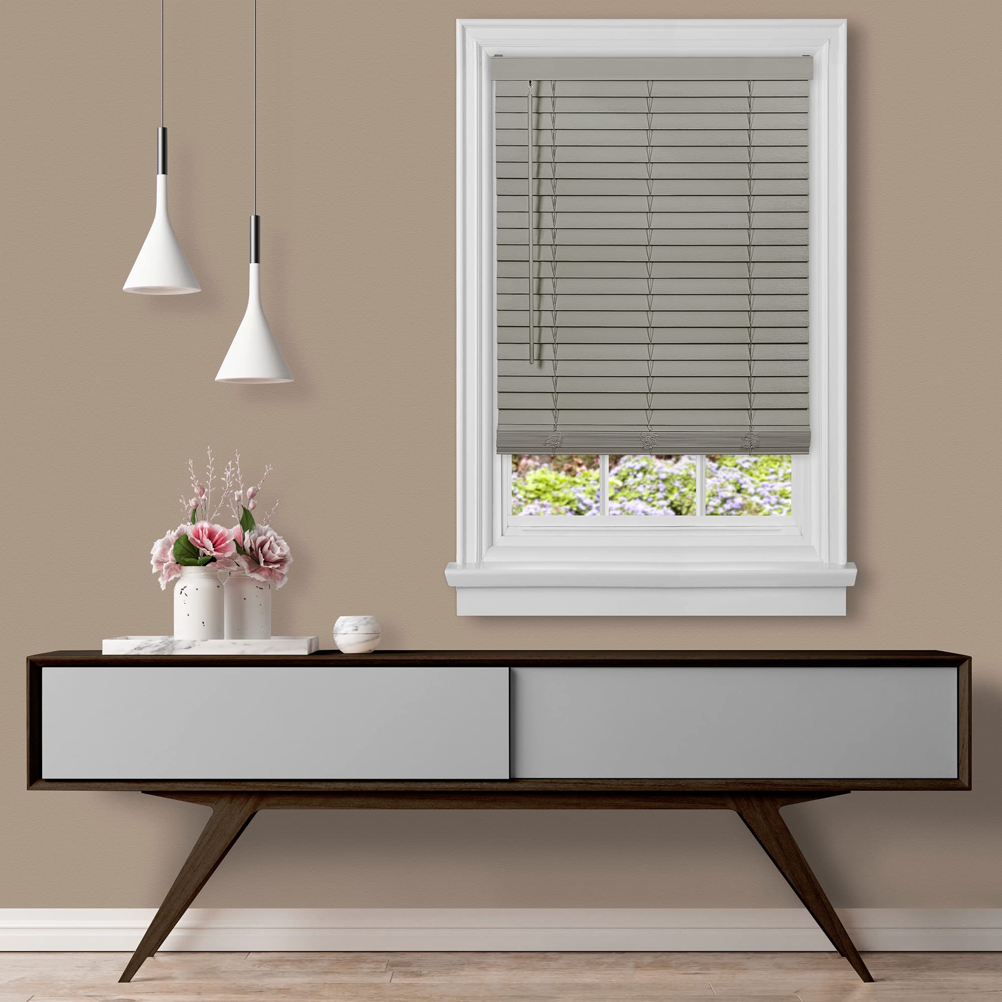 Cordless GII Madera Falsa 2 Faux Wood Plantation Blind 23x64 - Grey