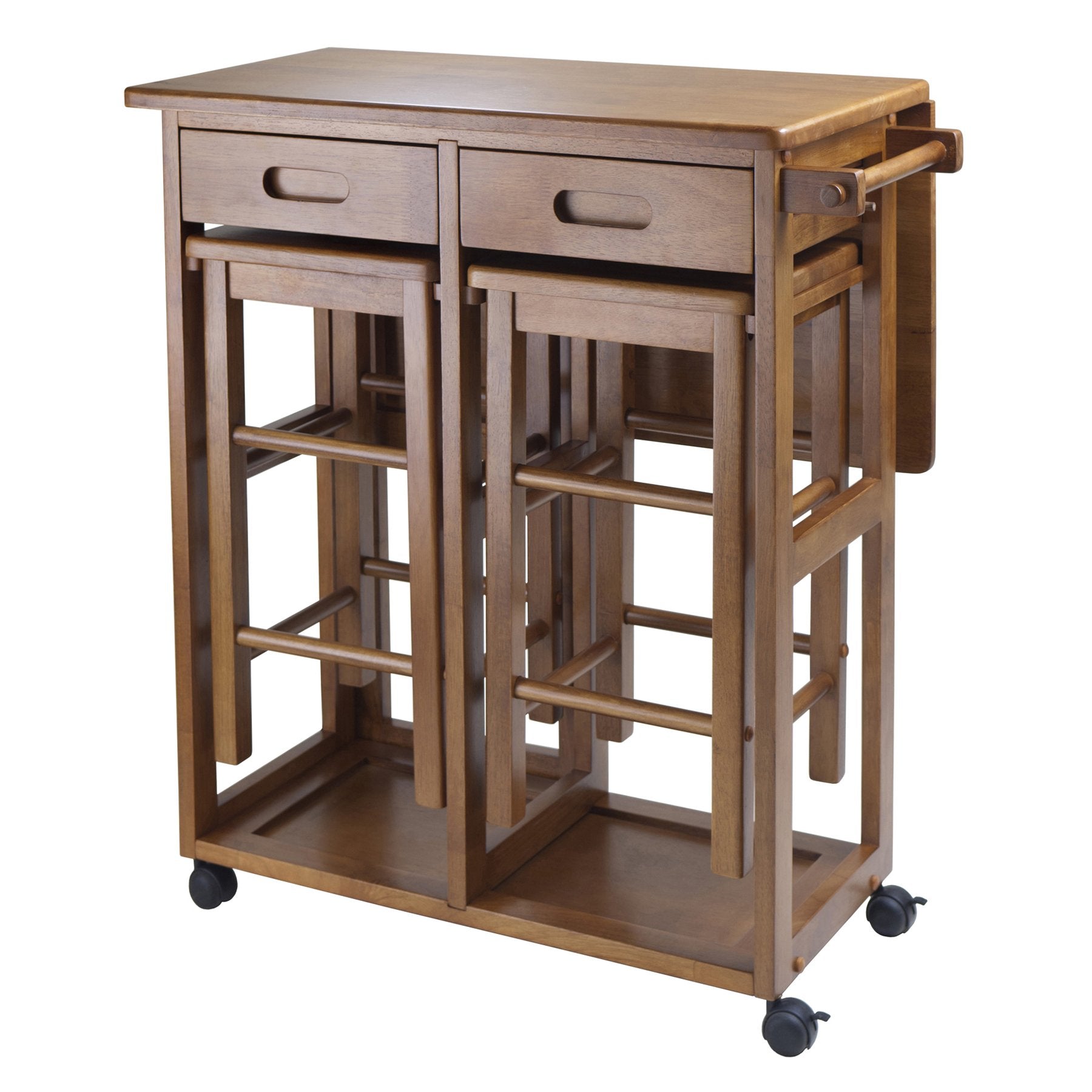 Yardlio Portable Teak Bar with Wheels, Stools, and Drop Leaf Table