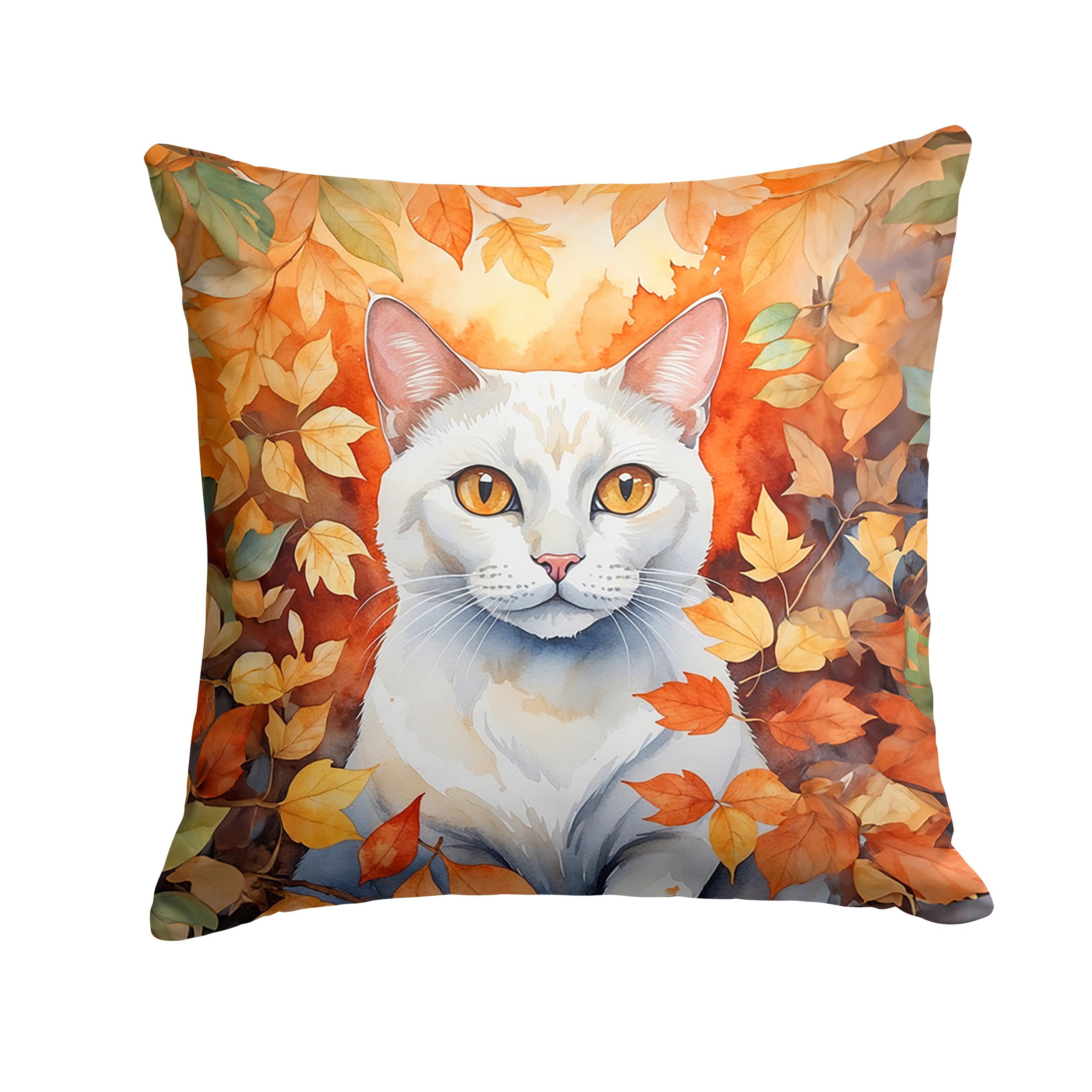 Carolines Treasures Khao Manee Cat in Fall Leaves Throw Pillow Machine Washable, Indoor Outdoor Decorative Pillow for Couch, Bed or Patio, 18Hx18W