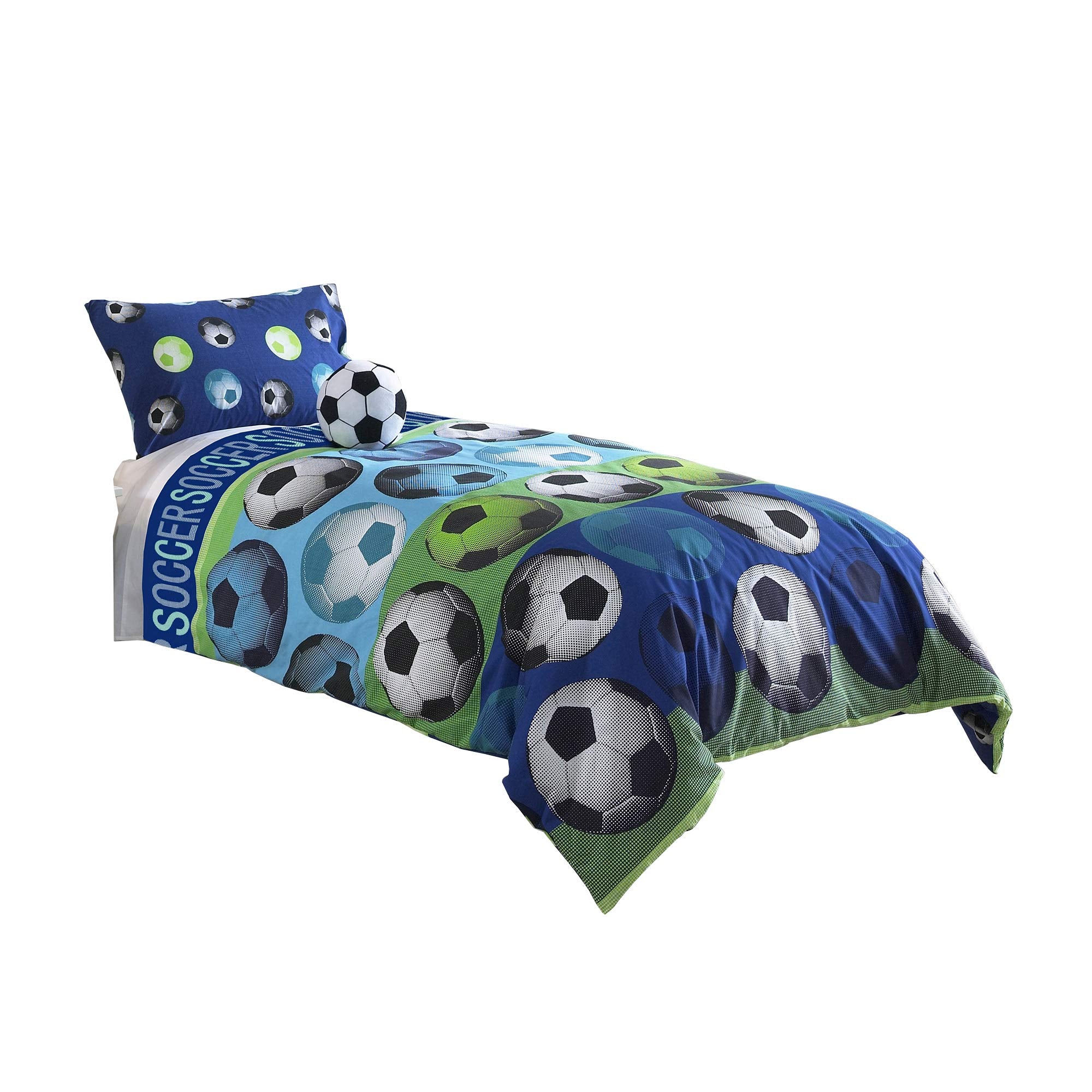 3 Piece Twin Size Comforter Set with Soccer Theme, Multicolor
