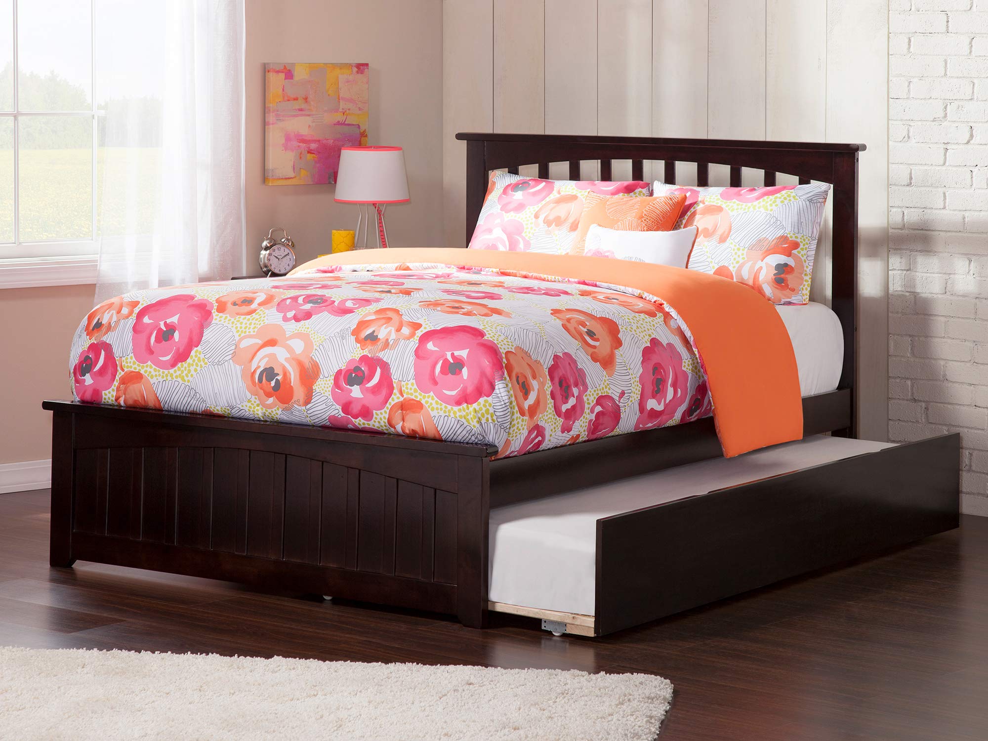 Mission Full Platform Bed with Matching Foot Board with Twin Size Urban Trundle Bed in White