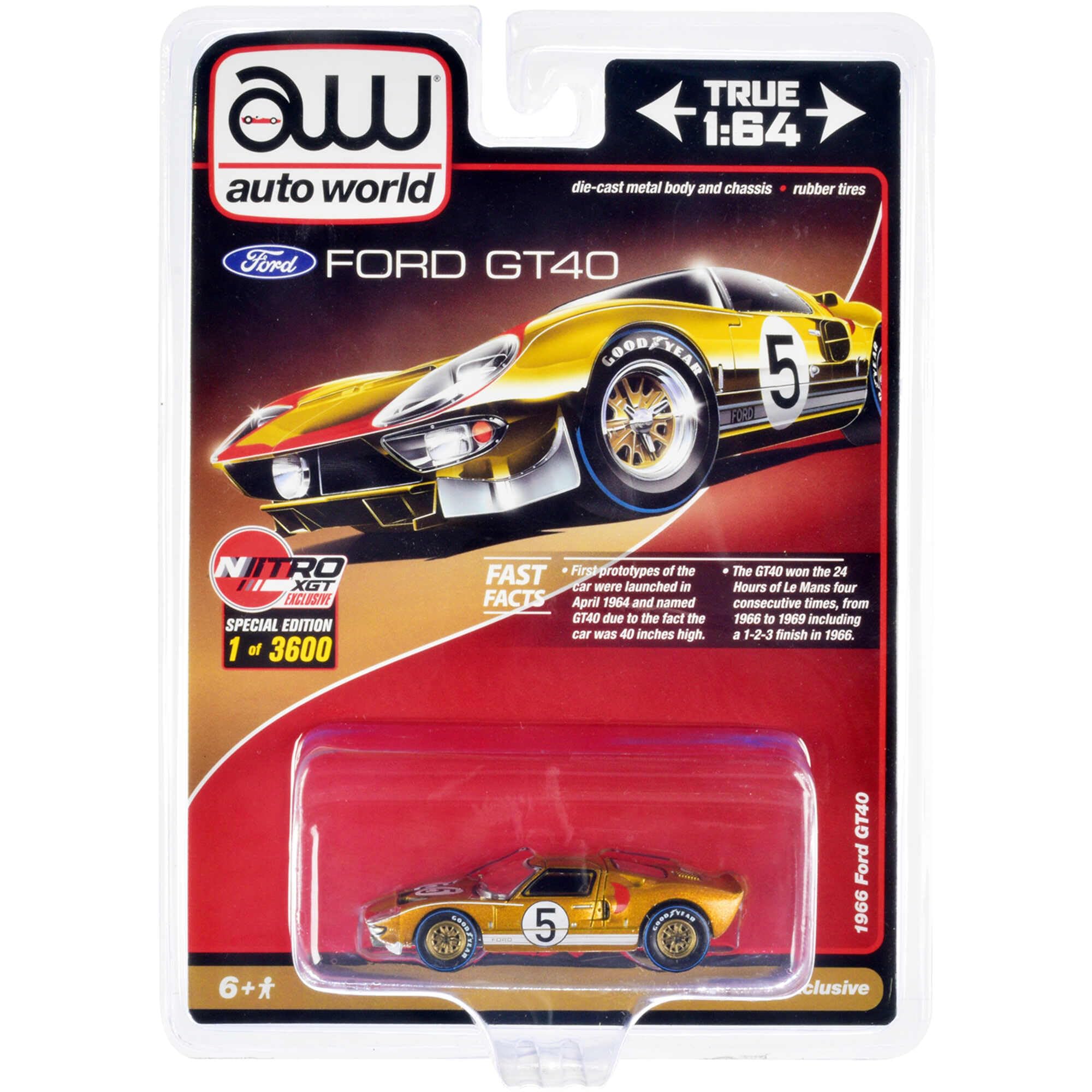 1966 Ford GT40 RHD (Right Hand Drive) #5 Gold with Graphics Limited Edition to 3600 pieces Worldwide 1/64 Diecast Model Car by Auto World