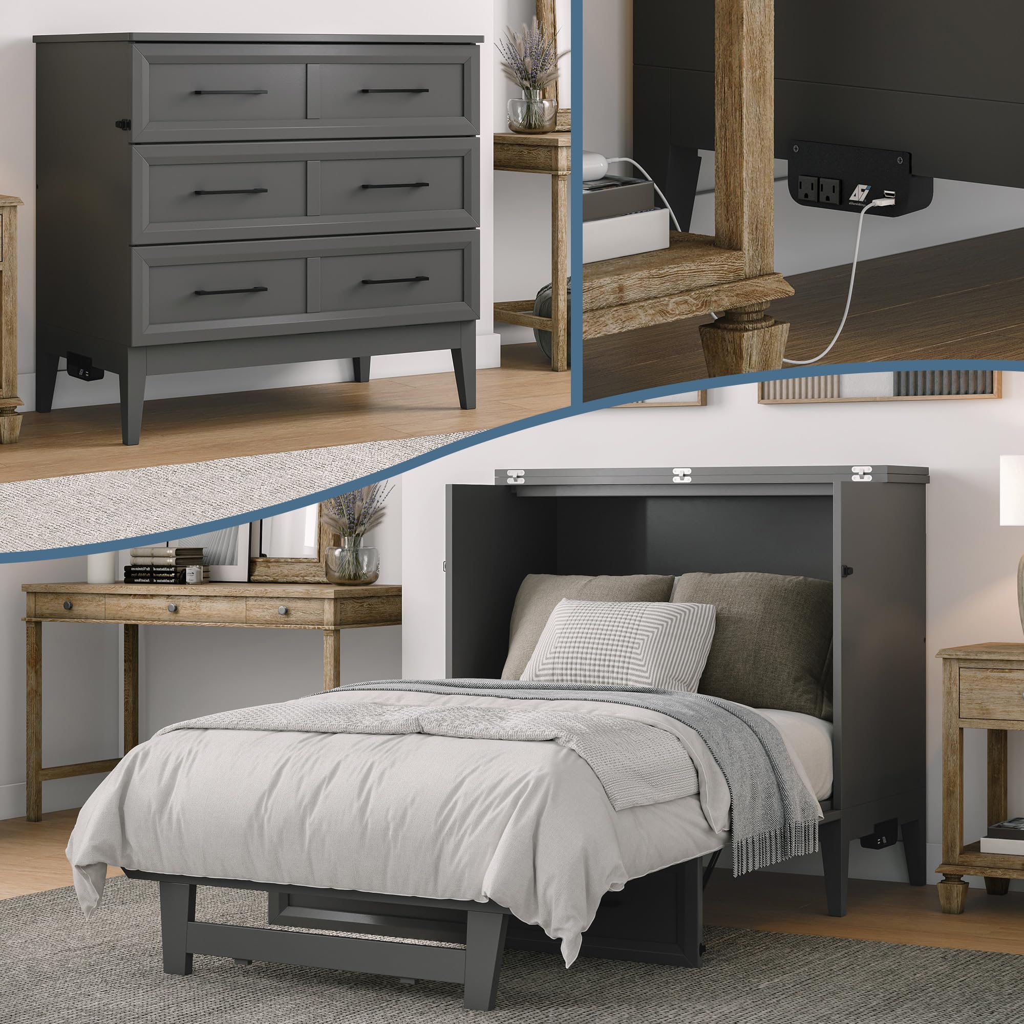 Santa Fe Twin Solid Wood Murphy Bed Chest with Mattress and Built-in Charger in Grey