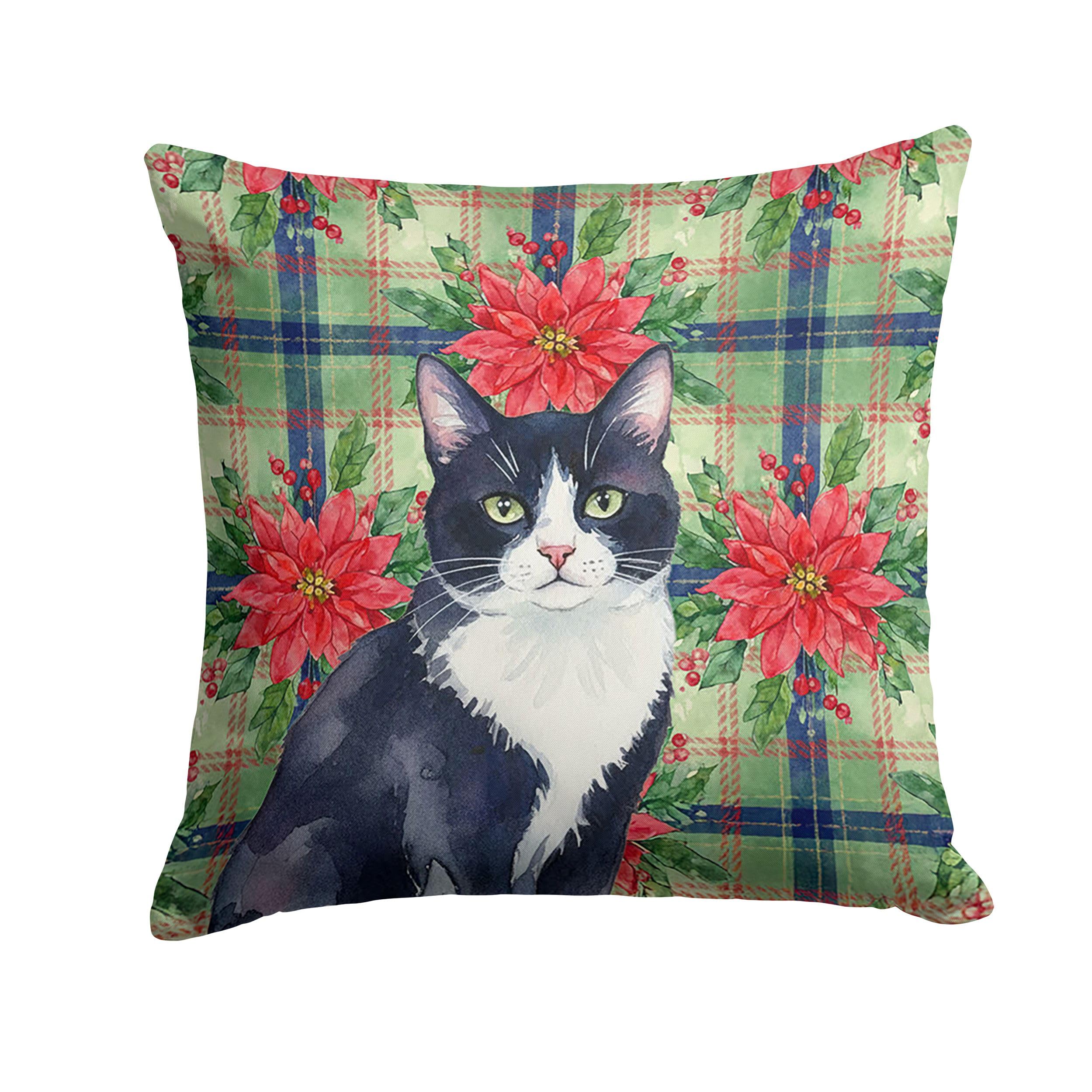 Carolines Treasures Black and White Tuxedo Cat with Poinsettias Throw Pillow Decorative Indoor Outdoor Accent Cushion for Couch, Bed or Patio, 14Hx14W