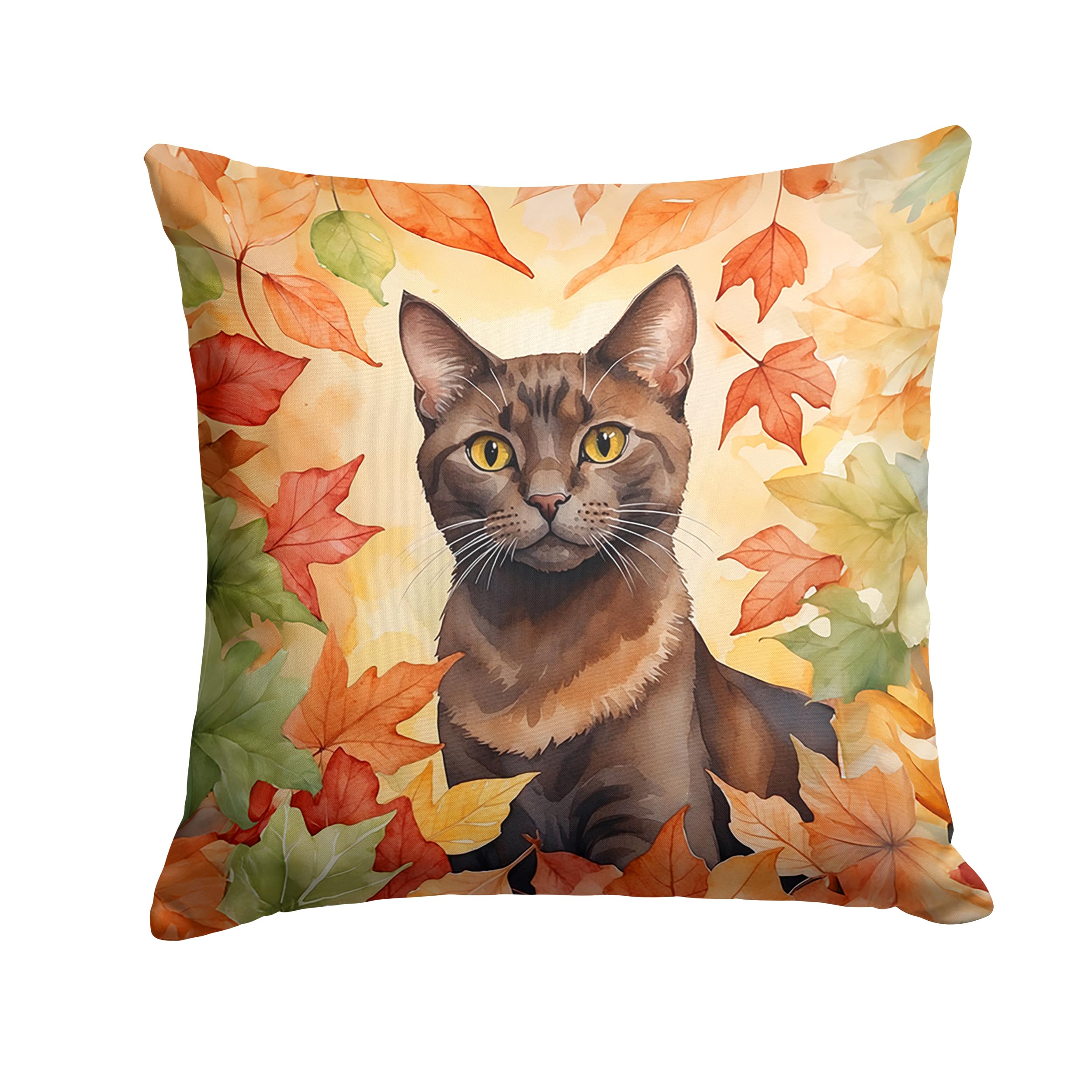 Carolines Treasures Havana Brown Cat in Fall Leaves Throw Pillow Machine Washable, Indoor Outdoor Decorative Pillow for Couch, Bed or Patio, 18Hx18W