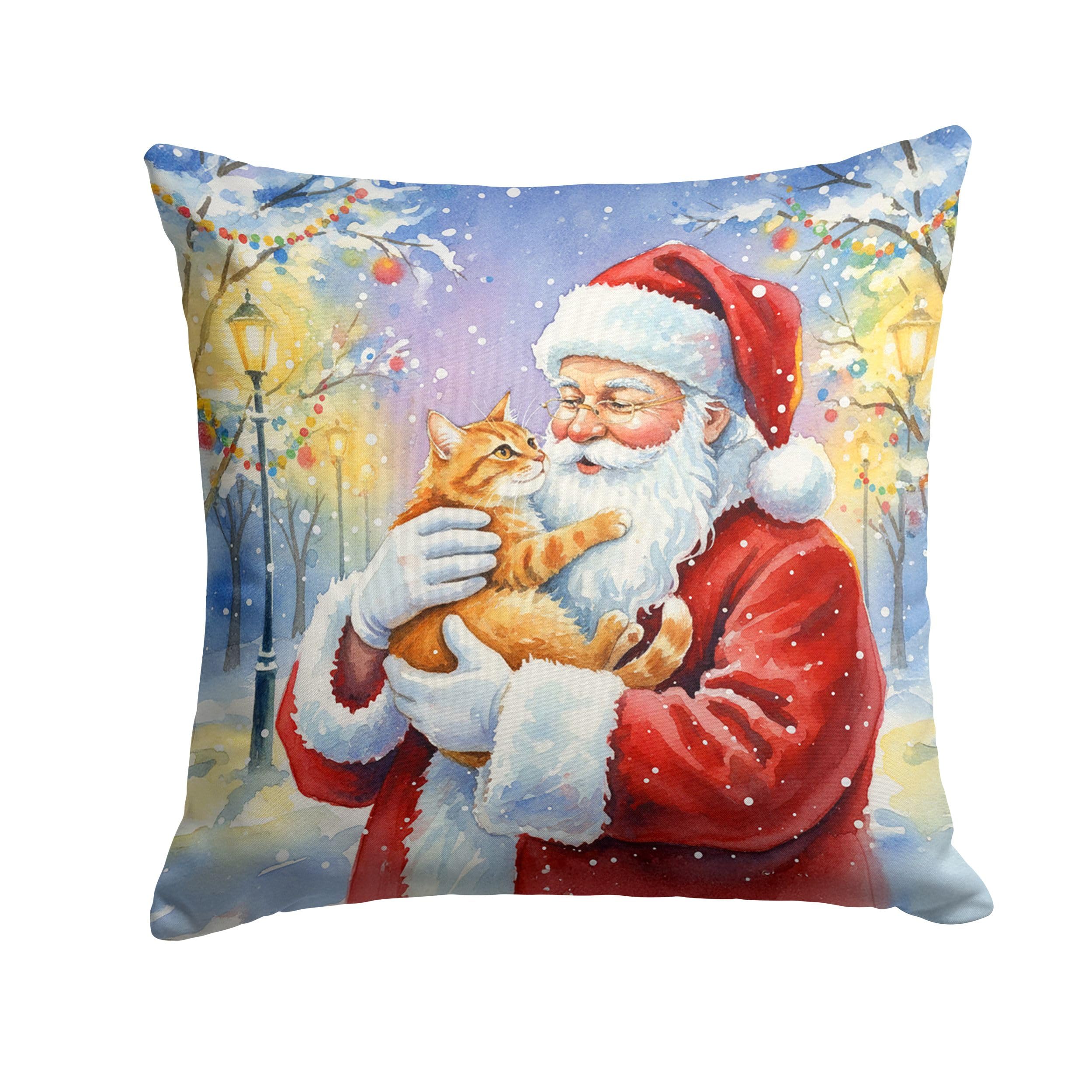 Carolines Treasures Red Ginger Cat with Santa Claus Throw Pillow Decorative Indoor Outdoor Accent Cushion for Couch, Bed or Patio, 14Hx14W