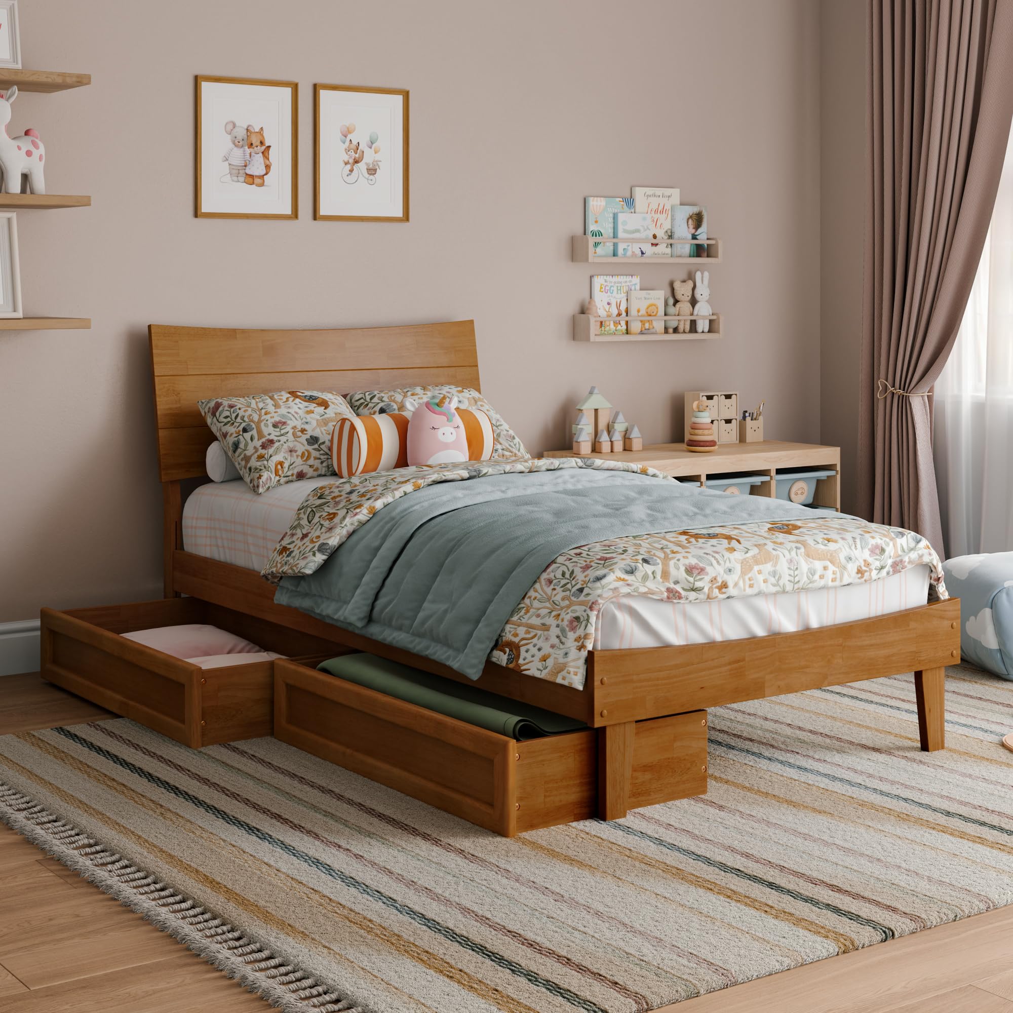 Phoenix Twin Platform Bed with Storage Drawers in Light Toffee