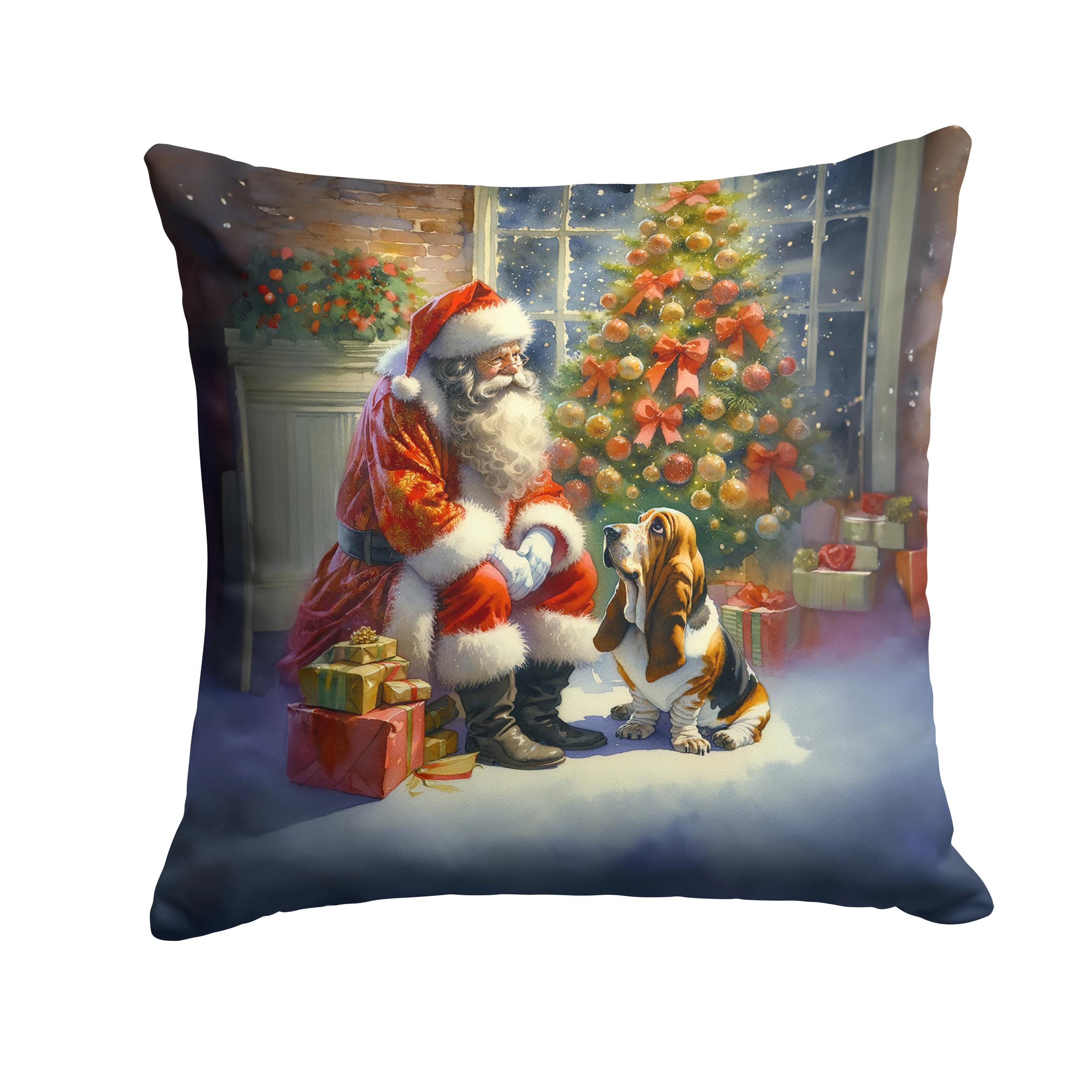 Carolines Treasures Basset Hound and Santa Claus Throw Pillow Machine Washable, Indoor Outdoor Decorative Pillow for Couch, Bed or Patio, 14Hx14W