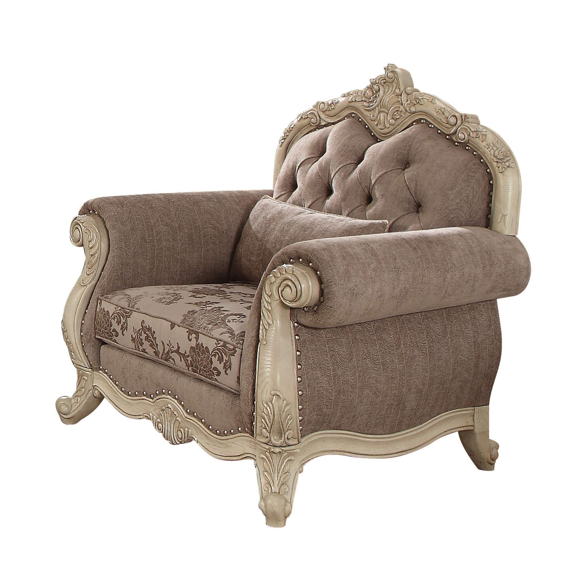 Scrolled Crown Top Fabric Chair with Cabriole Legs, Gray and White