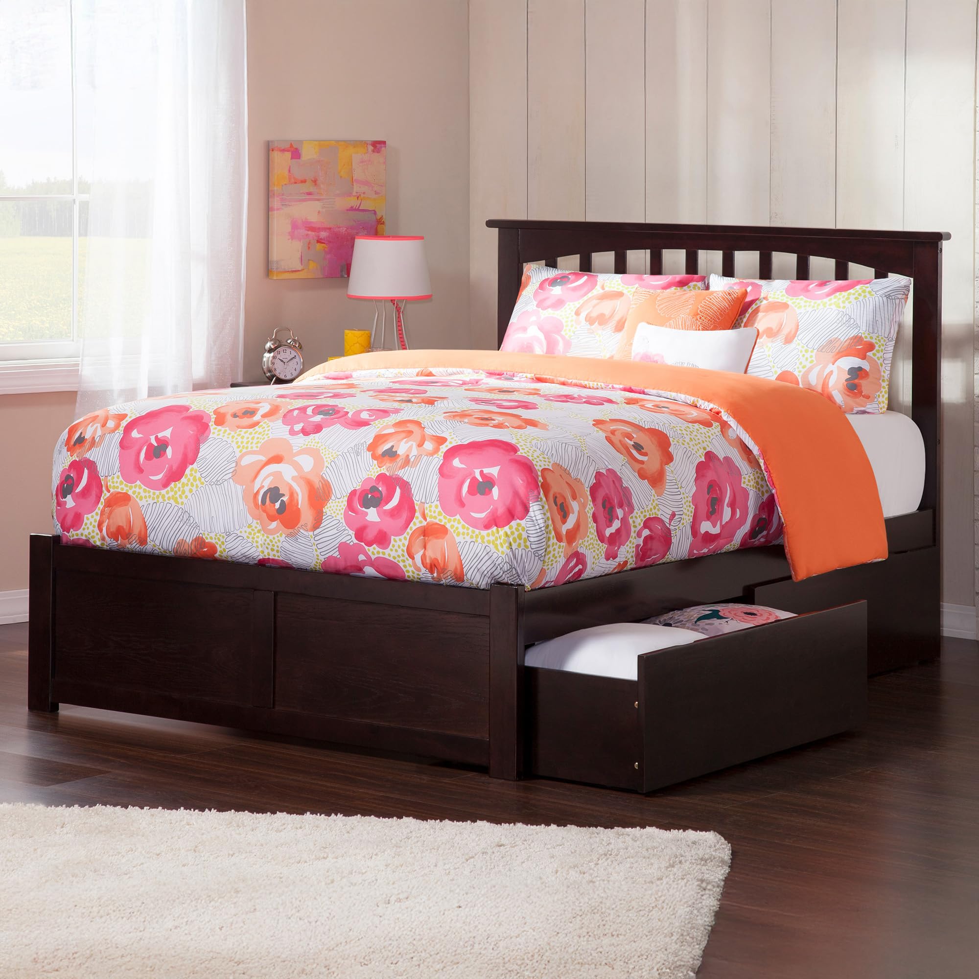 Mission King Solid Wood Platform Bed with Footboard & 2 Storage Drawers in Espresso