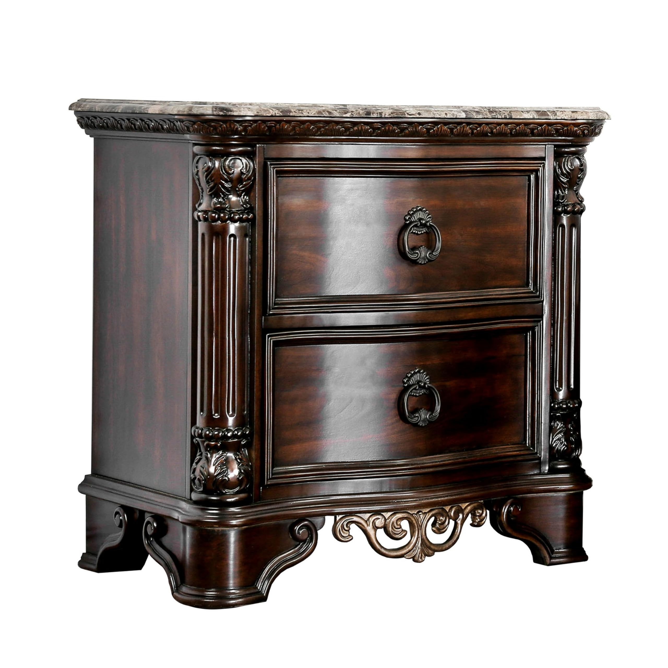 30 Inch Nightstand with 2 Drawers, Classic Marble Top, Ornate Pilasters, Dark Cherry Brown