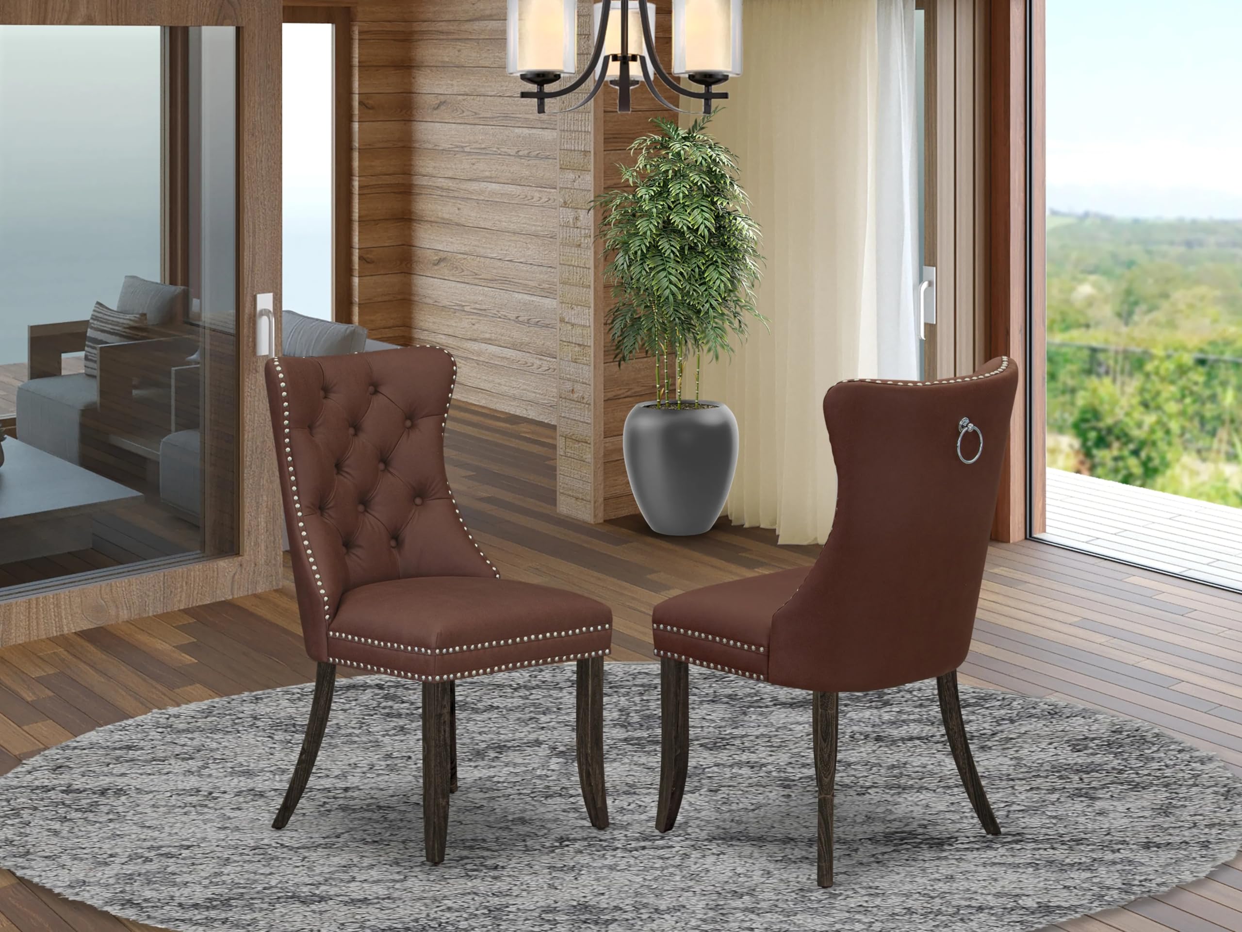 East West Furniture DAP7F26 Dallas Parsons Dining Chairs - Button Tufted Nailhead Trim Burgundy faux Leather Upholstered Chairs, Set of 2, Distressed Jacobean