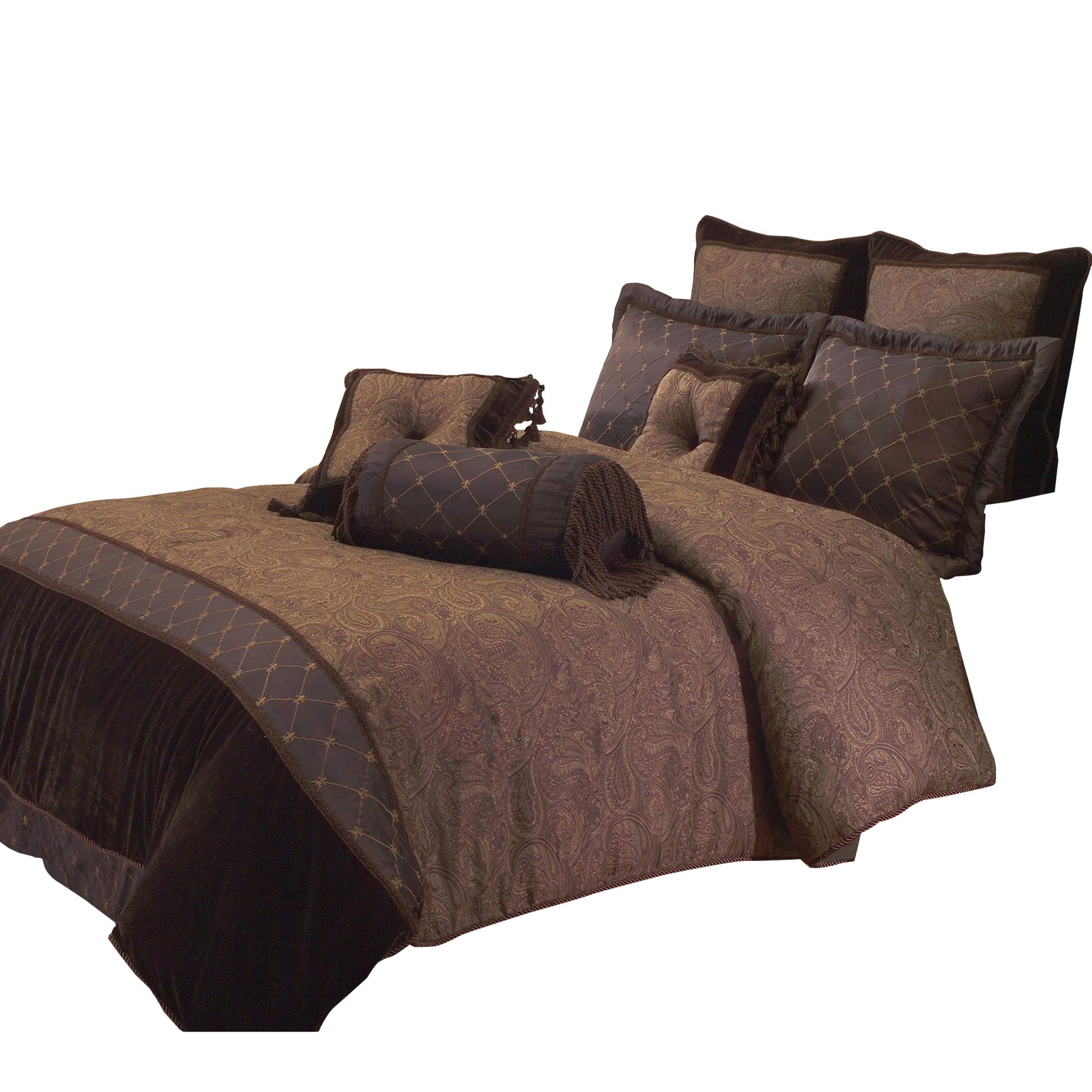 10 Piece King Polyester Comforter Set with Paisley Pattern Design, Brown