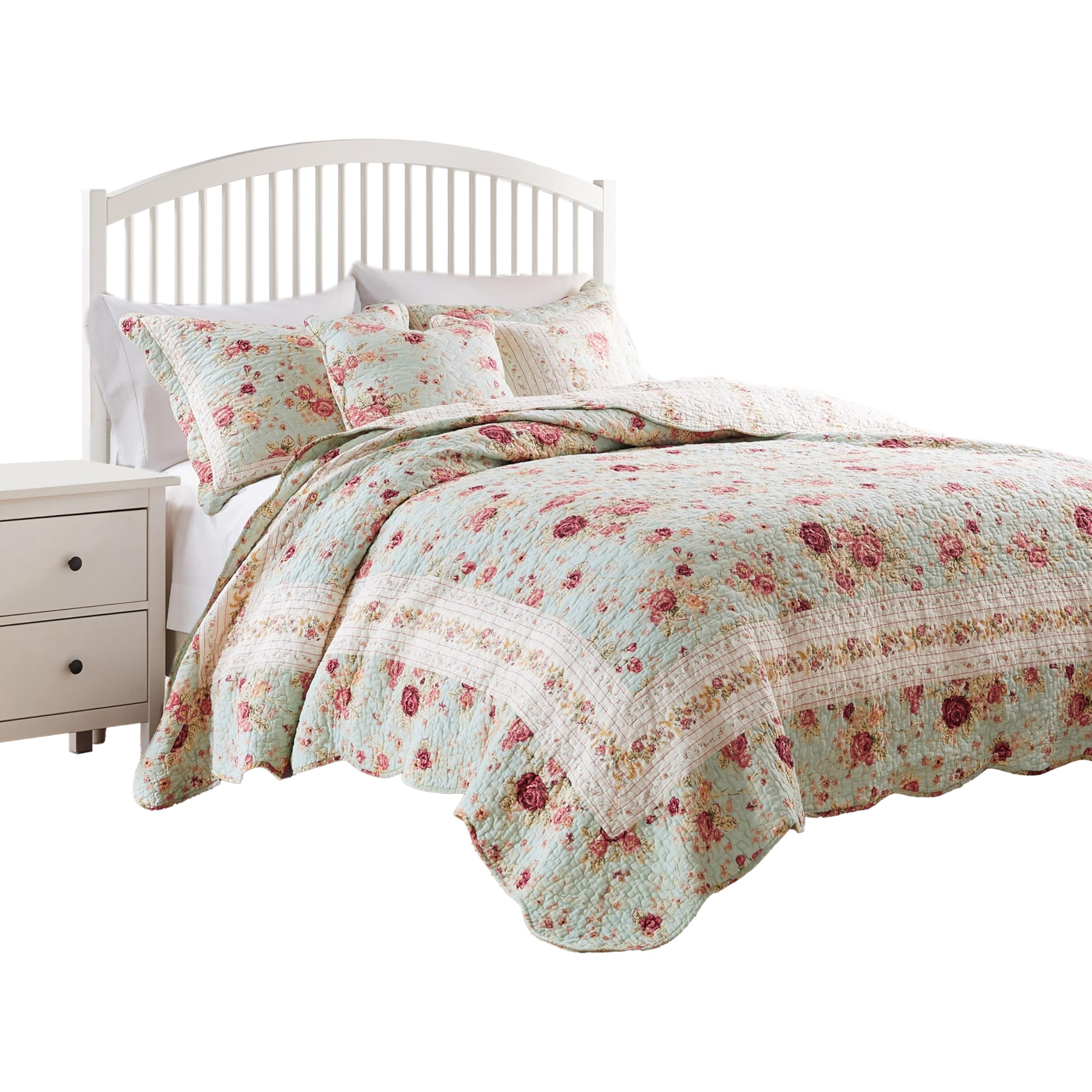 Rosle 4pc XL Twin Size Quilt Set, Shams, Patchwork Floral Print Blue Cotton
