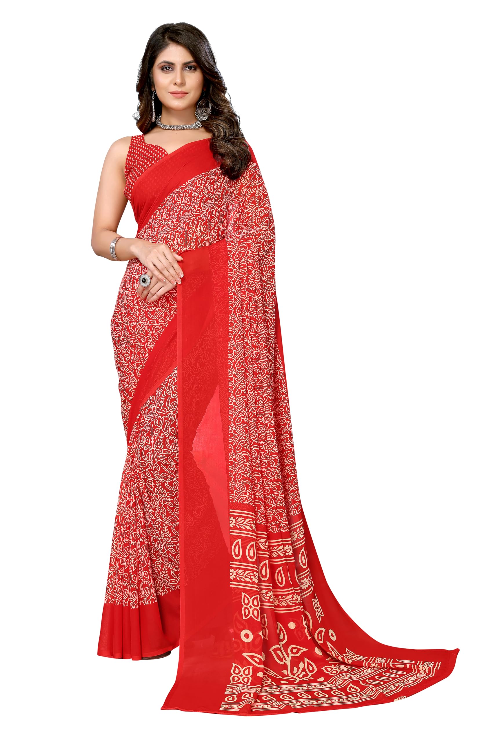 Yashika Womens Trendy Printed Georgette Red Color Saree with Blouse Material(AZ-YS-P1-USHA RED)