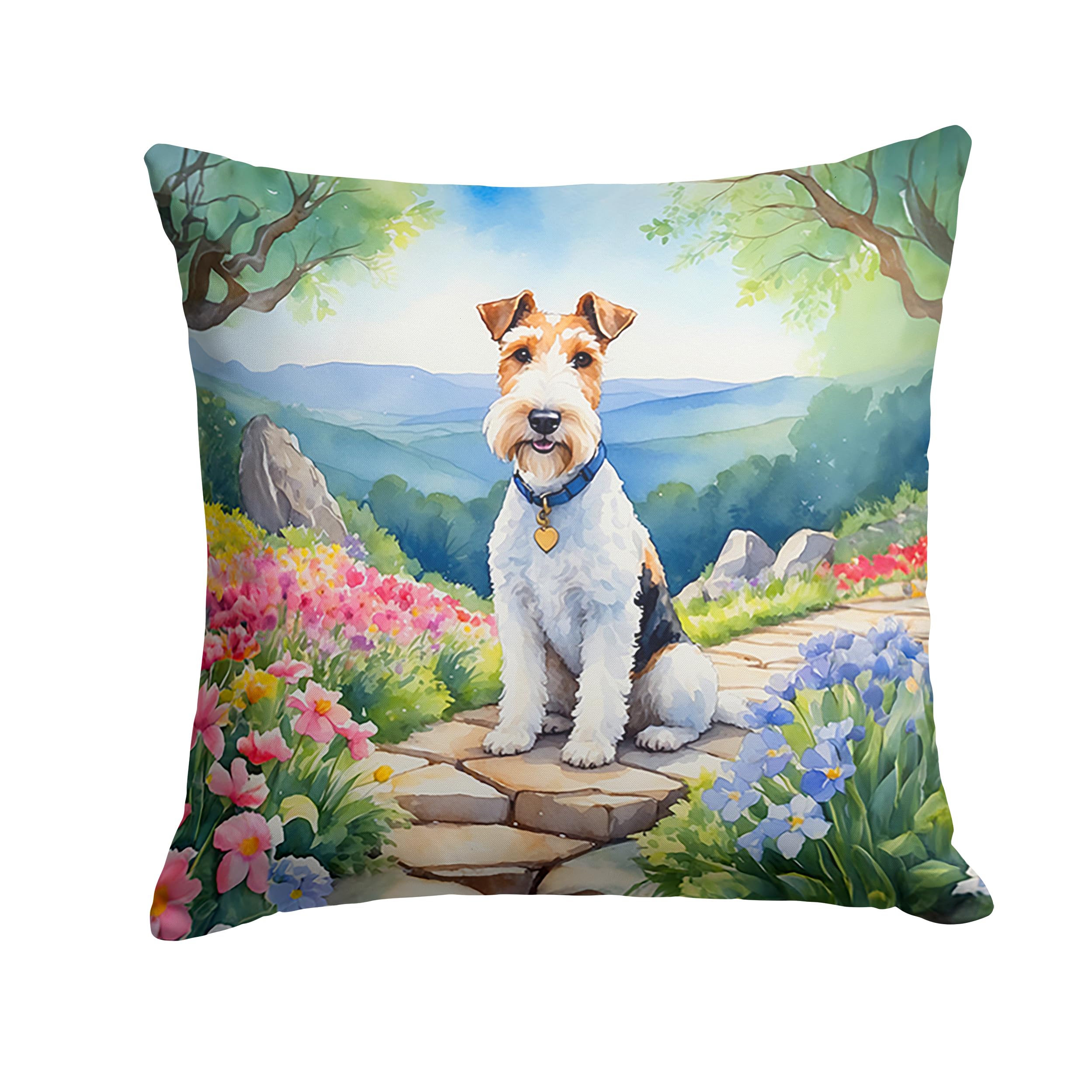Carolines Treasures Fox Terrier Spring Path Throw Pillow Machine Washable, Indoor Outdoor Decorative Pillow for Couch, Bed or Patio, 18Hx18W