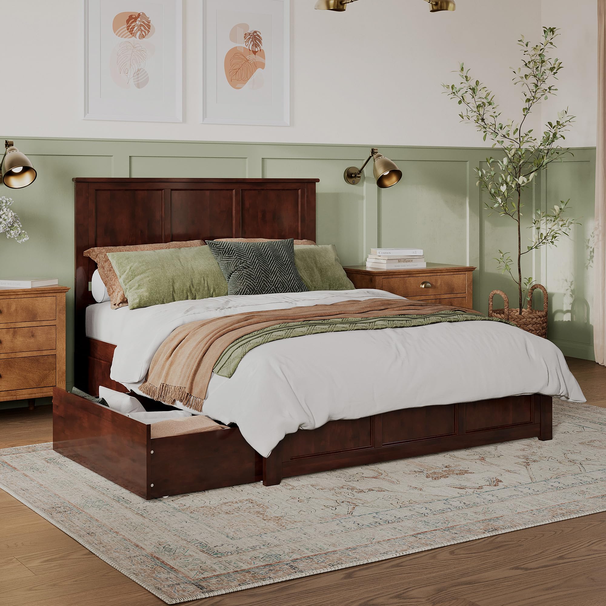 Madison Queen Solid Wood Platform Bed with Matching Footboard & 2 Storage Drawers in Walnut