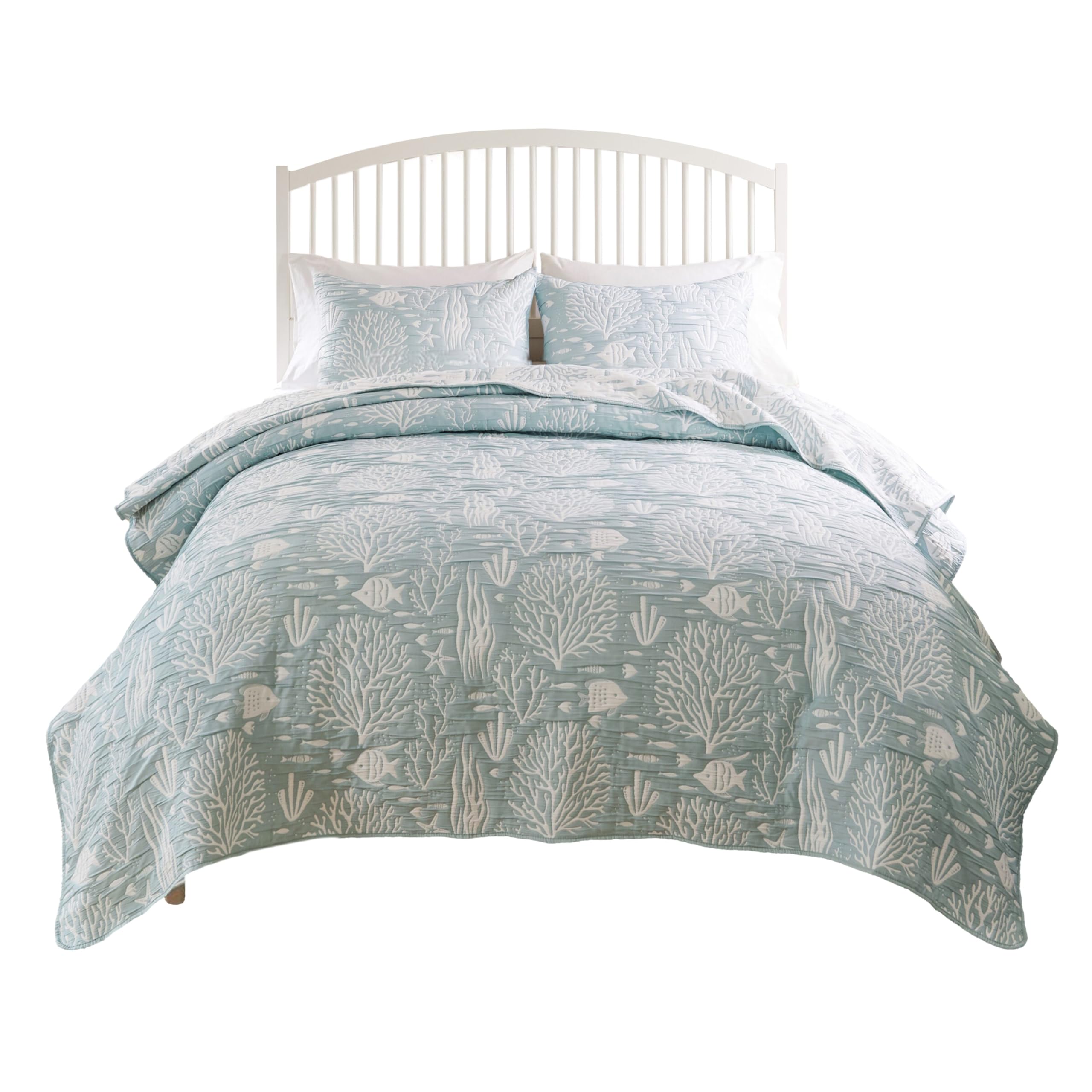Amy 2pc XL Twin Coverlet and Pillow Sham Set, Coastal Design Seafoam Blue