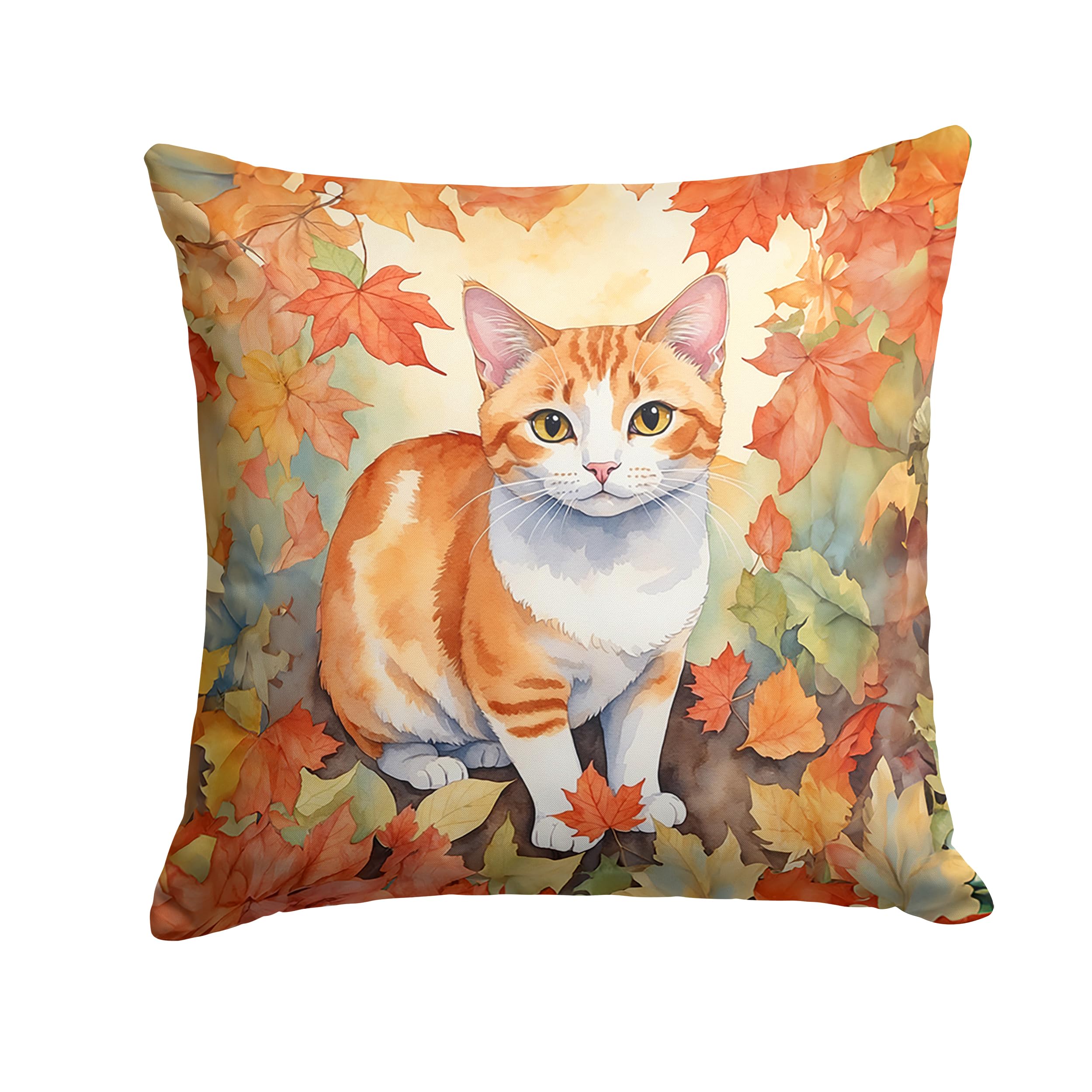 Carolines Treasures Japanese Bobtail Cat in Fall Leaves Throw Pillow Machine Washable, Indoor Outdoor Decorative Pillow for Couch, Bed or Patio, 18Hx18W
